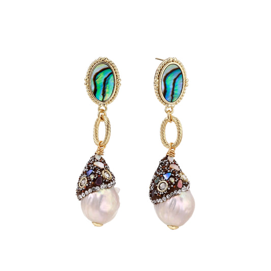 Gold drop earrings with iridescent abalone studs, rope links, jeweled caps and white baroque pearls on cream background
