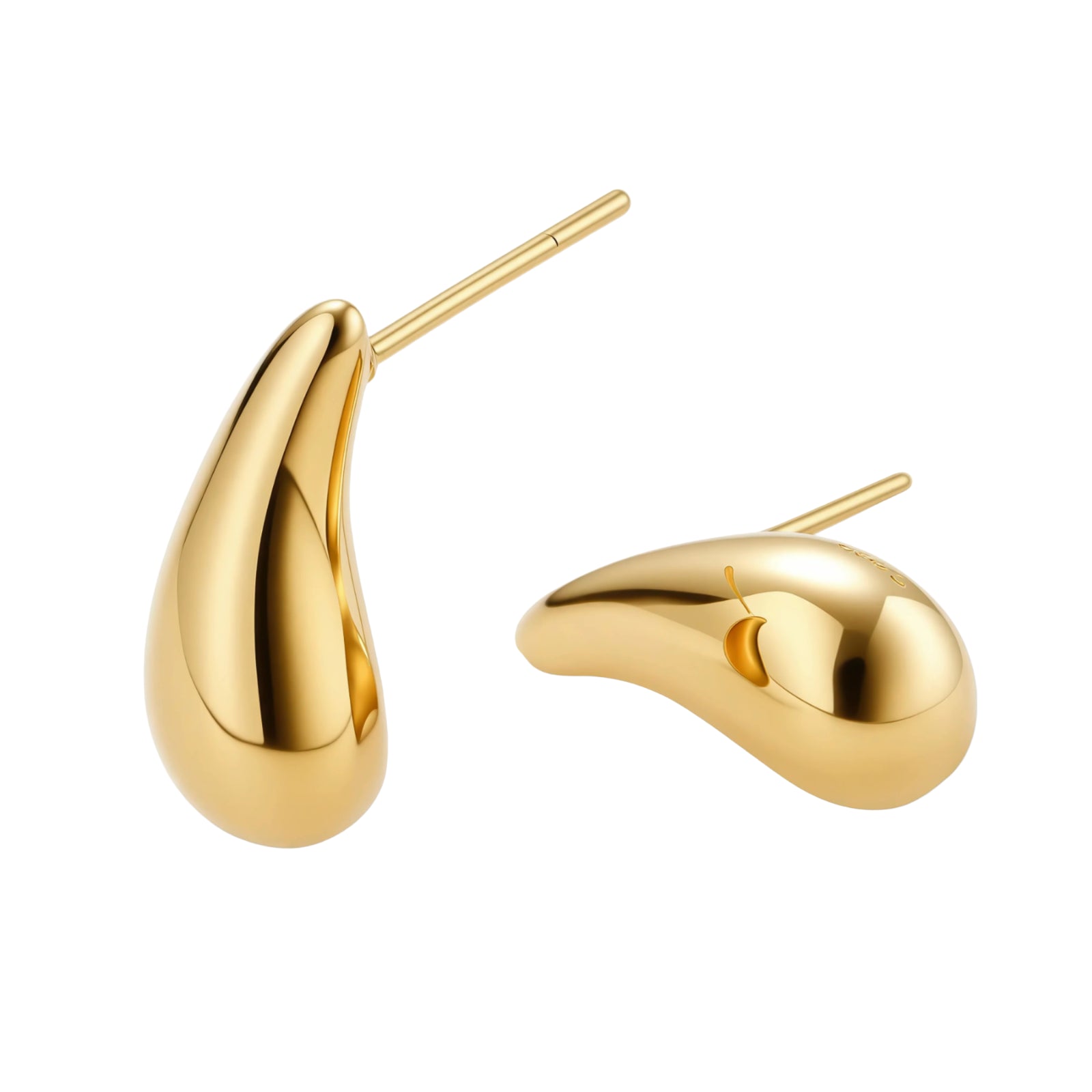 Pair of gold-plated sterling silver teardrop stud earrings with polished finish on white background.