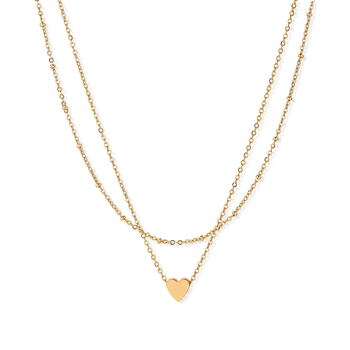 Delicate double-chain gold necklace with tiny heart pendant on cream background