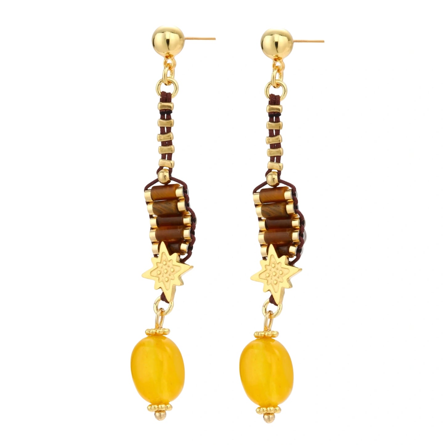 Gold-plated dangle earrings with brown gemstones, star charms, and yellow amber drops on cream background.