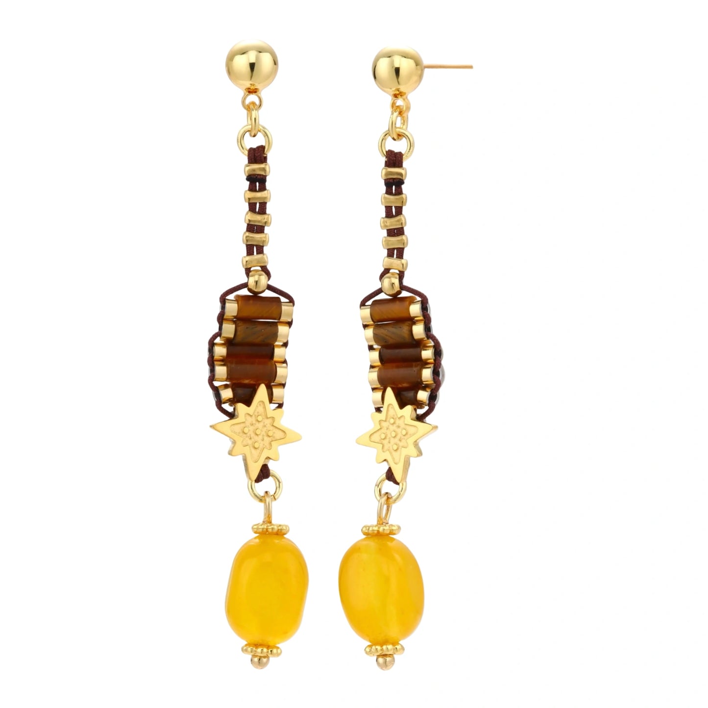 Gold-plated dangle earrings with brown gemstones, star charms, and yellow amber drops on cream background.