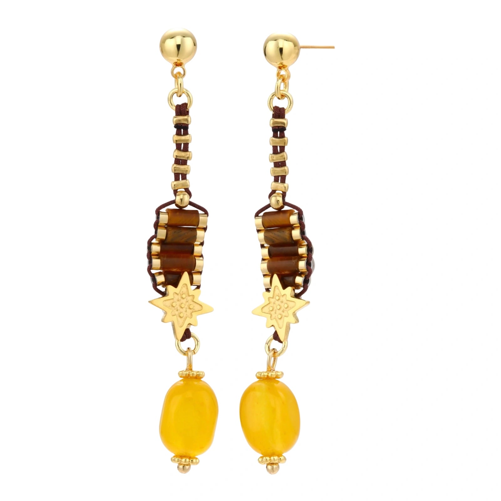 Gold-plated dangle earrings with brown gemstones, star charms, and yellow amber drops on cream background.