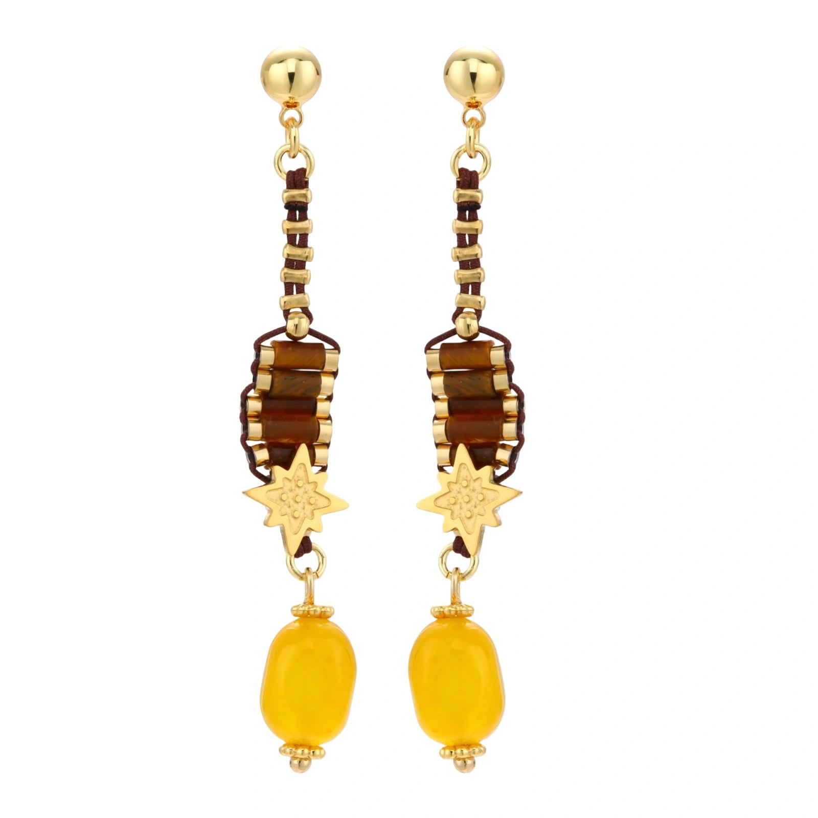Gold-plated dangle earrings with brown gemstones, star charms, and yellow amber drops on cream background.