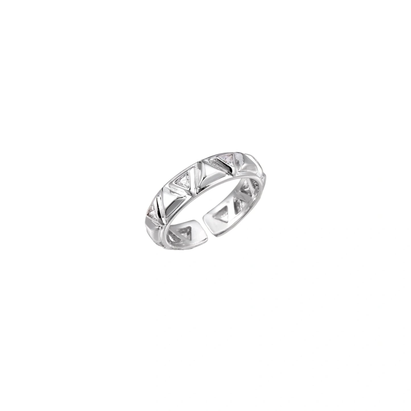 White gold adjustable ring with geometric triangle cutouts and zirconia stones on cream background