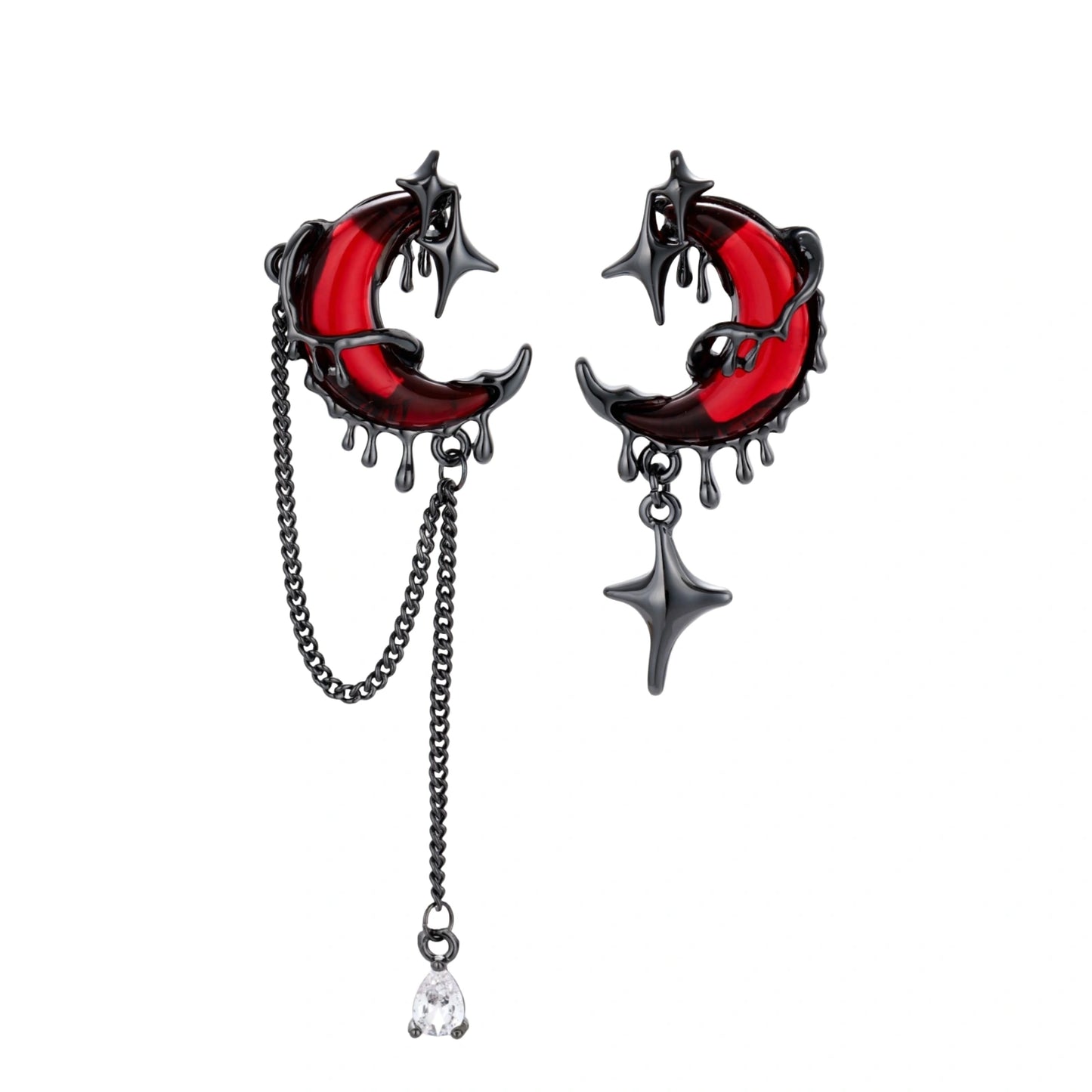 Gothic jewelry set with asymmetrical black metal earrings featuring red crescent moons, stars, and layered necklaces with heart pendants