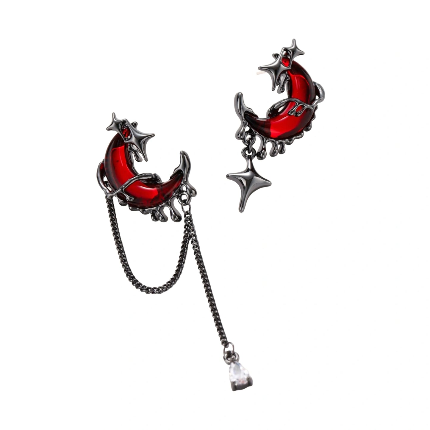 Gothic jewelry set with asymmetrical black metal earrings featuring red crescent moons, stars, and layered necklaces with heart pendants