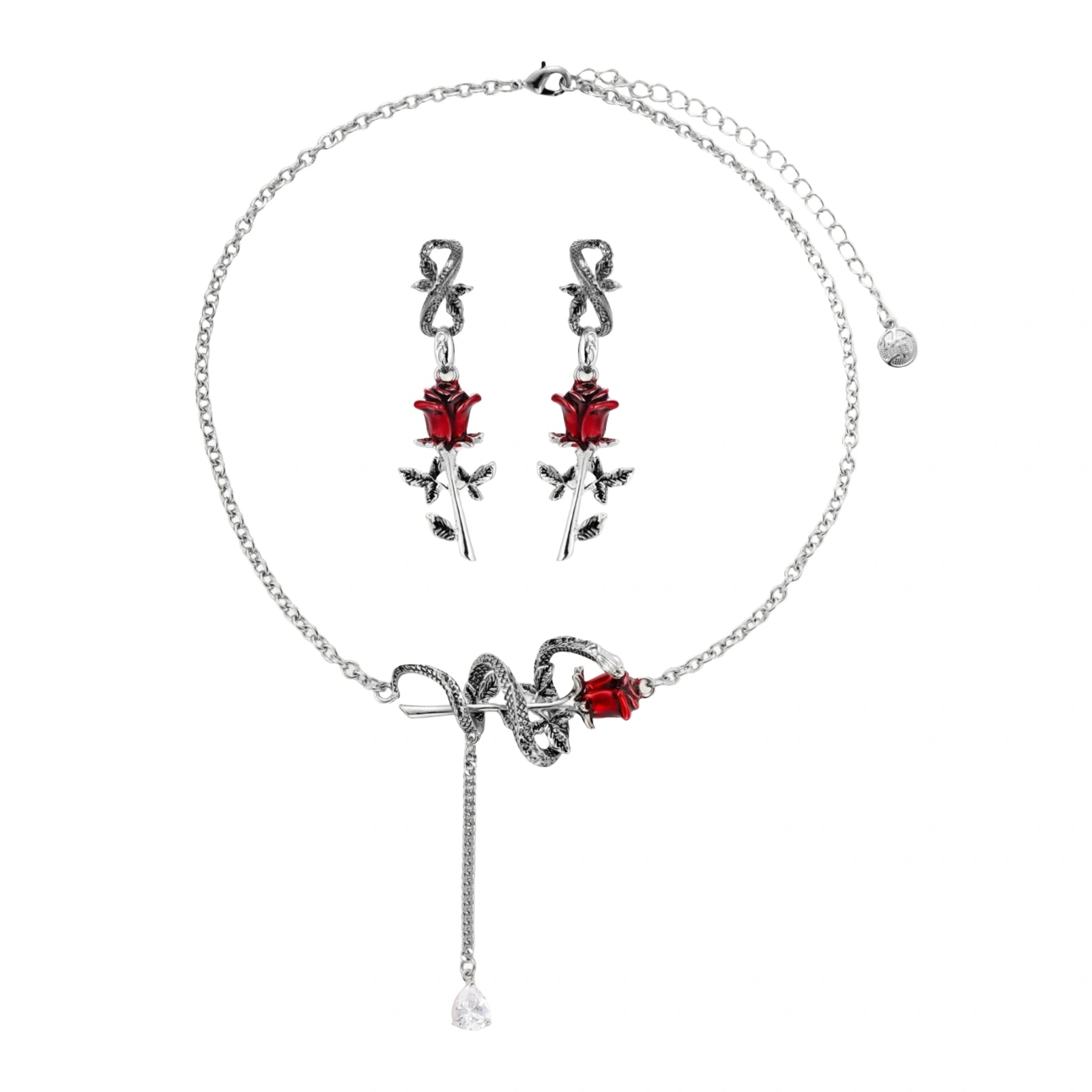 Gothic jewelry set with silver snake designs holding red enamel roses, featuring detailed leaf stems on cream background