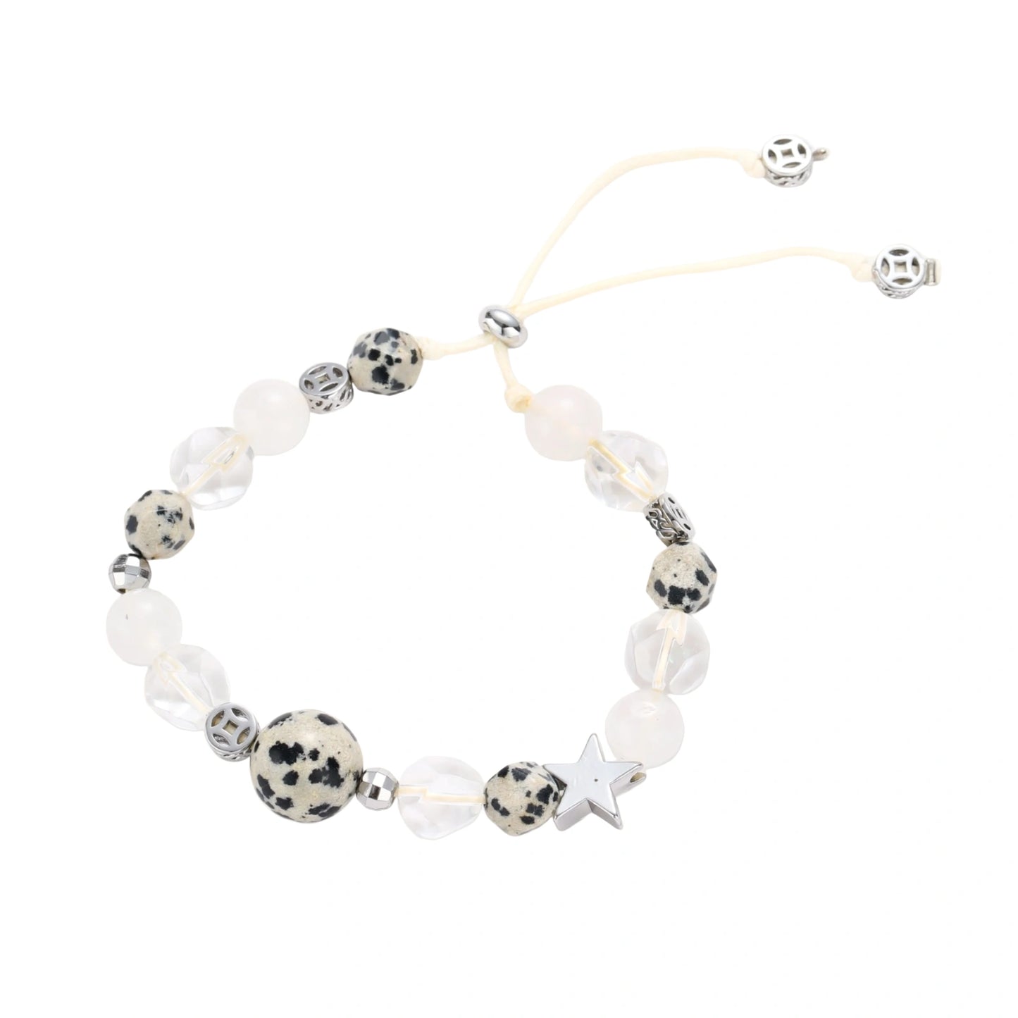 Natural ammolite and quartz bead jewelry set with adjustable cream cord featuring cross charm on white background.