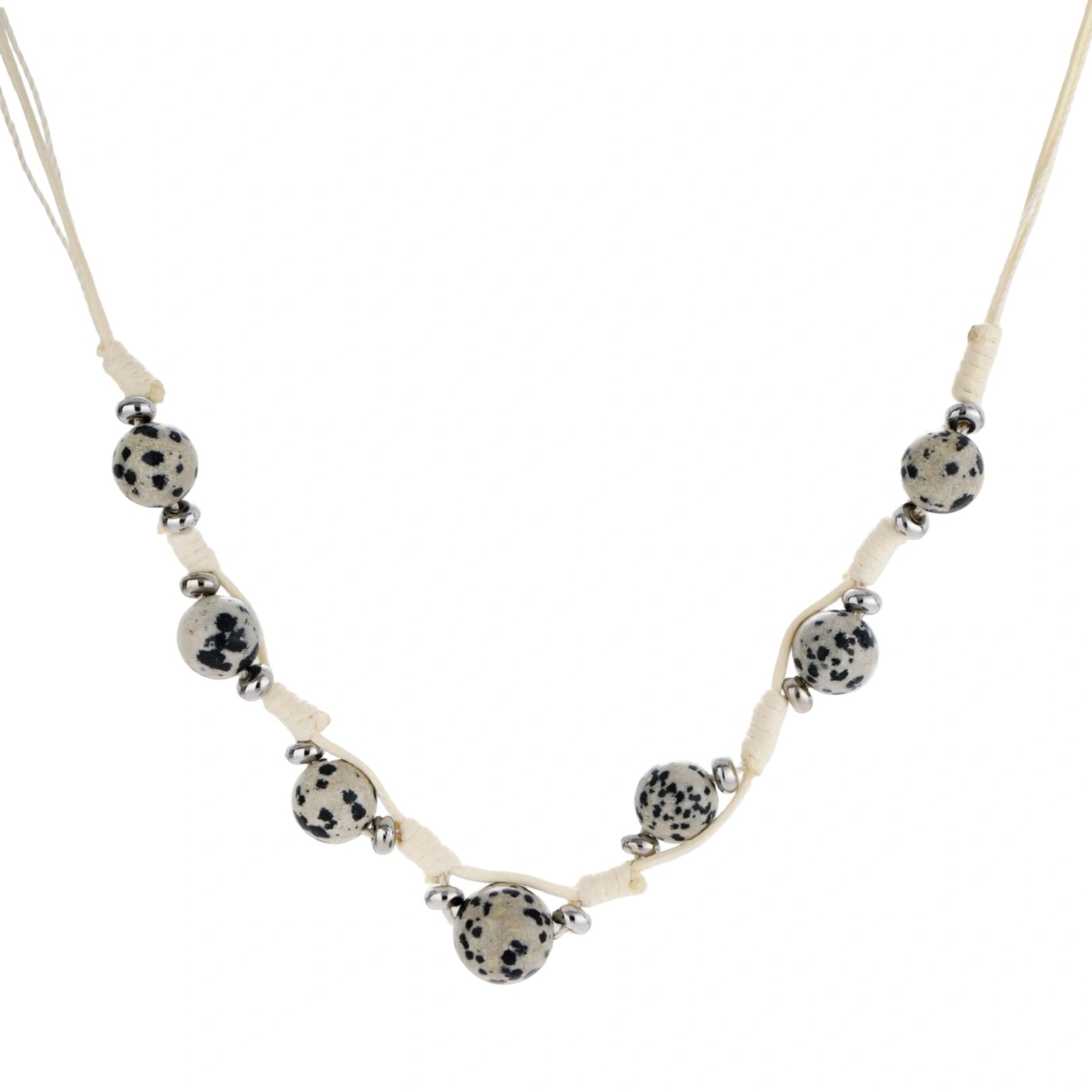 Natural ammolite and quartz bead jewelry set with adjustable cream cord featuring cross charm on white background.