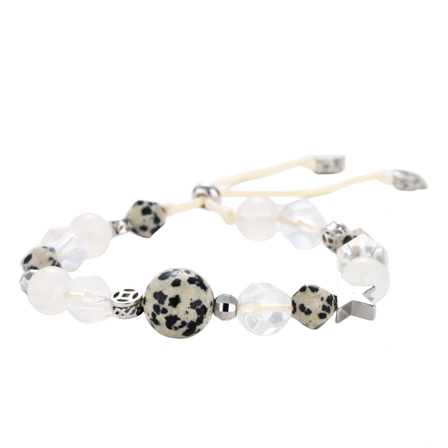 Natural ammolite and quartz bead jewelry set with adjustable cream cord featuring cross charm on white background.