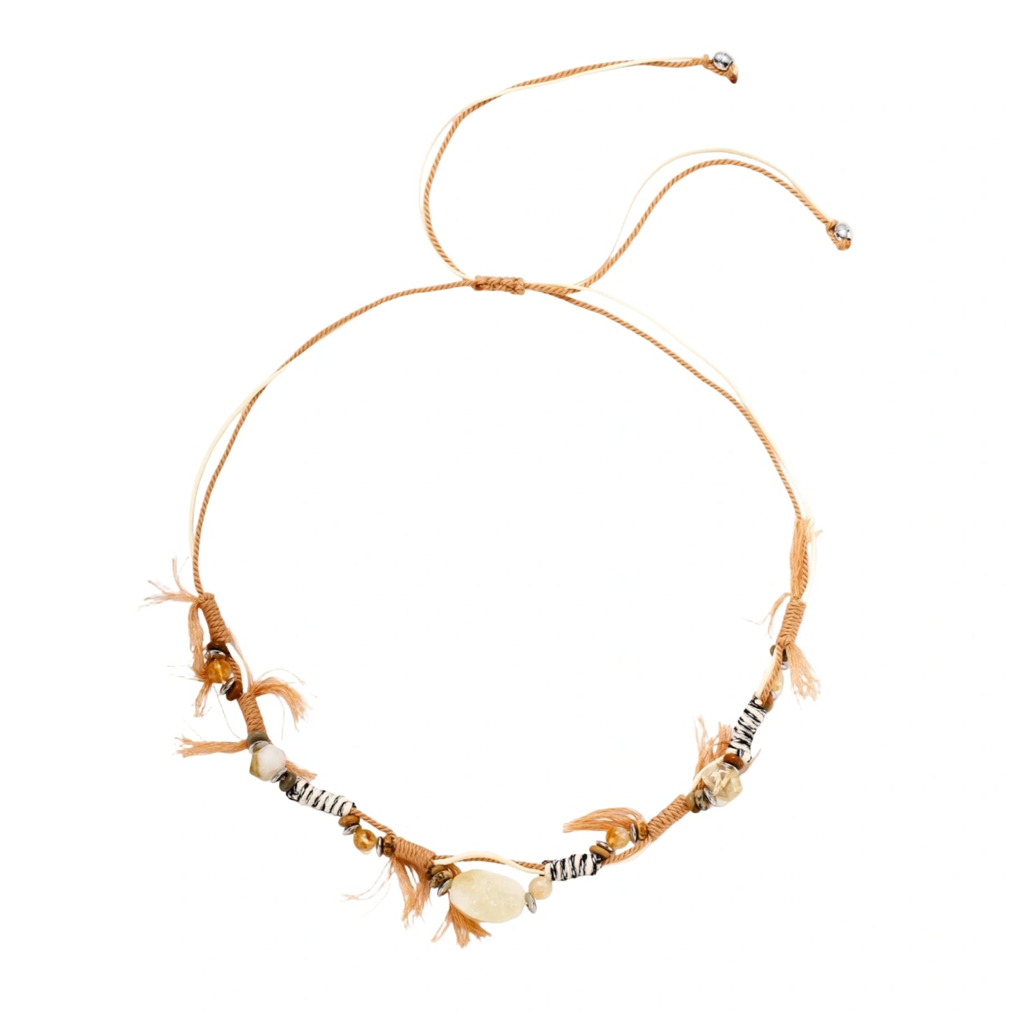 Boho jewelry set with cord necklace and bracelet featuring coffee calcite, citrine, and cross-shaped stone on cream background.