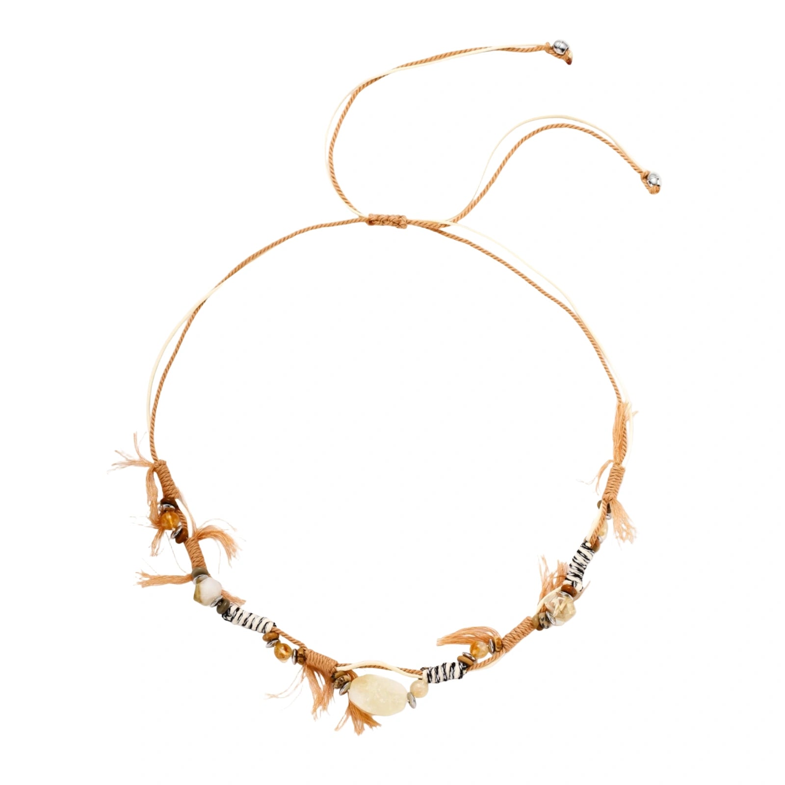 Boho jewelry set with cord necklace and bracelet featuring coffee calcite, citrine, and cross-shaped stone on cream background.