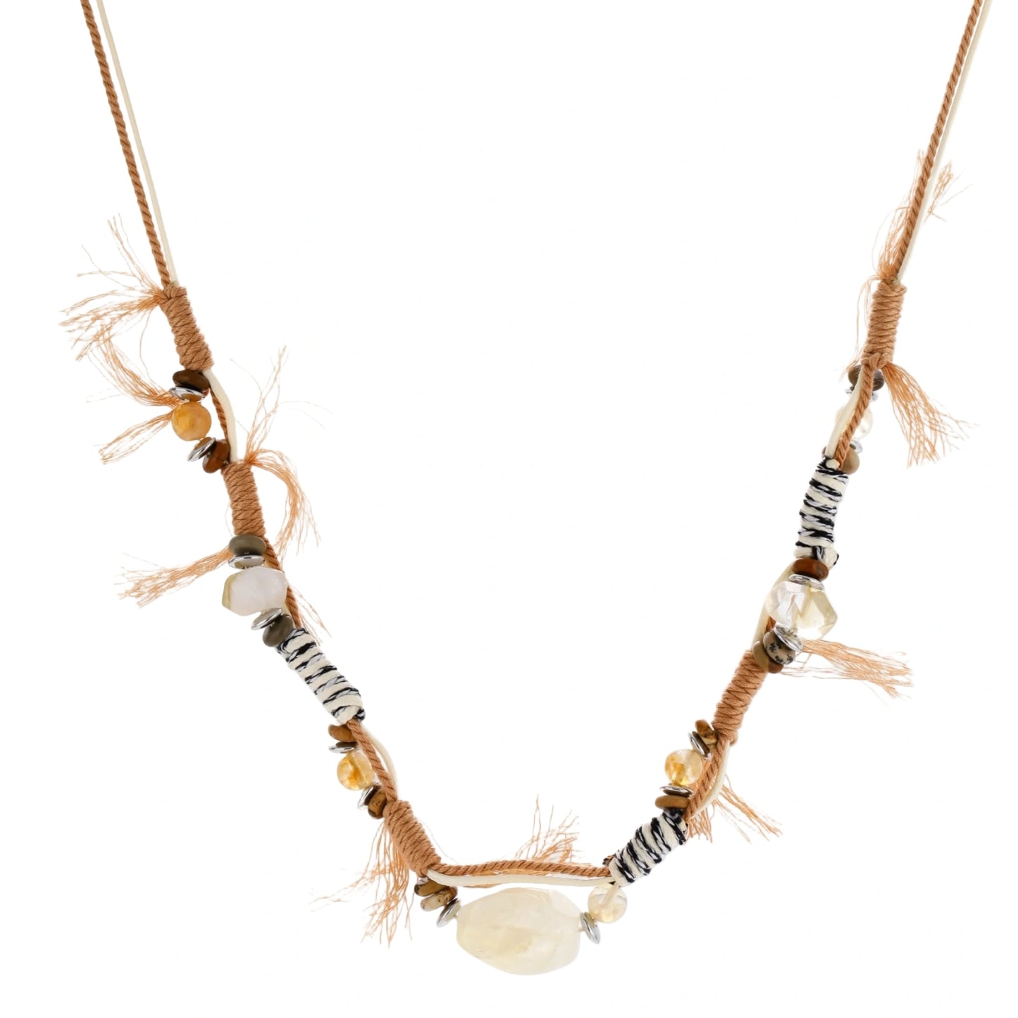 Boho jewelry set with cord necklace and bracelet featuring coffee calcite, citrine, and cross-shaped stone on cream background.