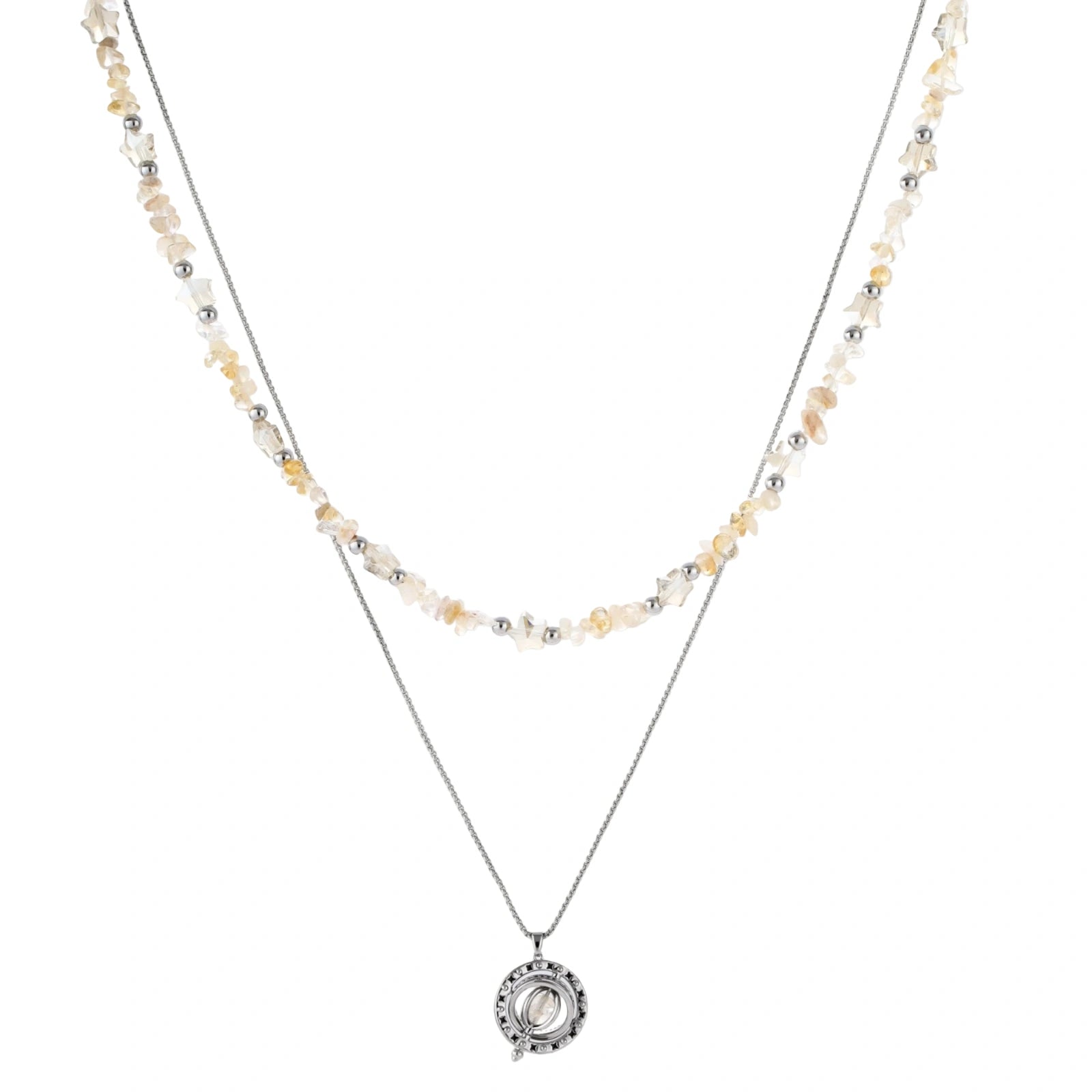 Complete jewelry set featuring citrine stone chips, silver beads, and cosmic circle pendants on cream background.