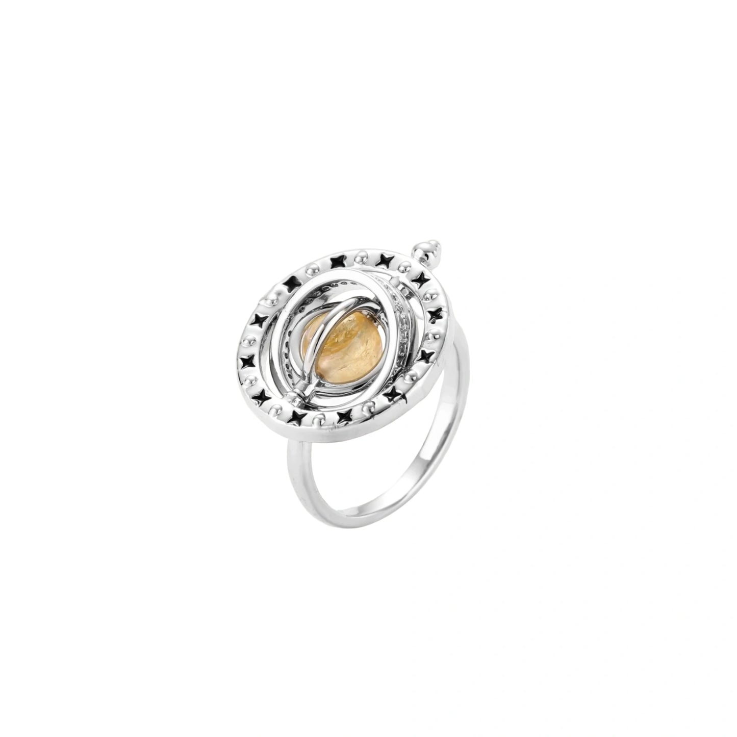 Complete jewelry set featuring citrine stone chips, silver beads, and cosmic circle pendants on cream background.