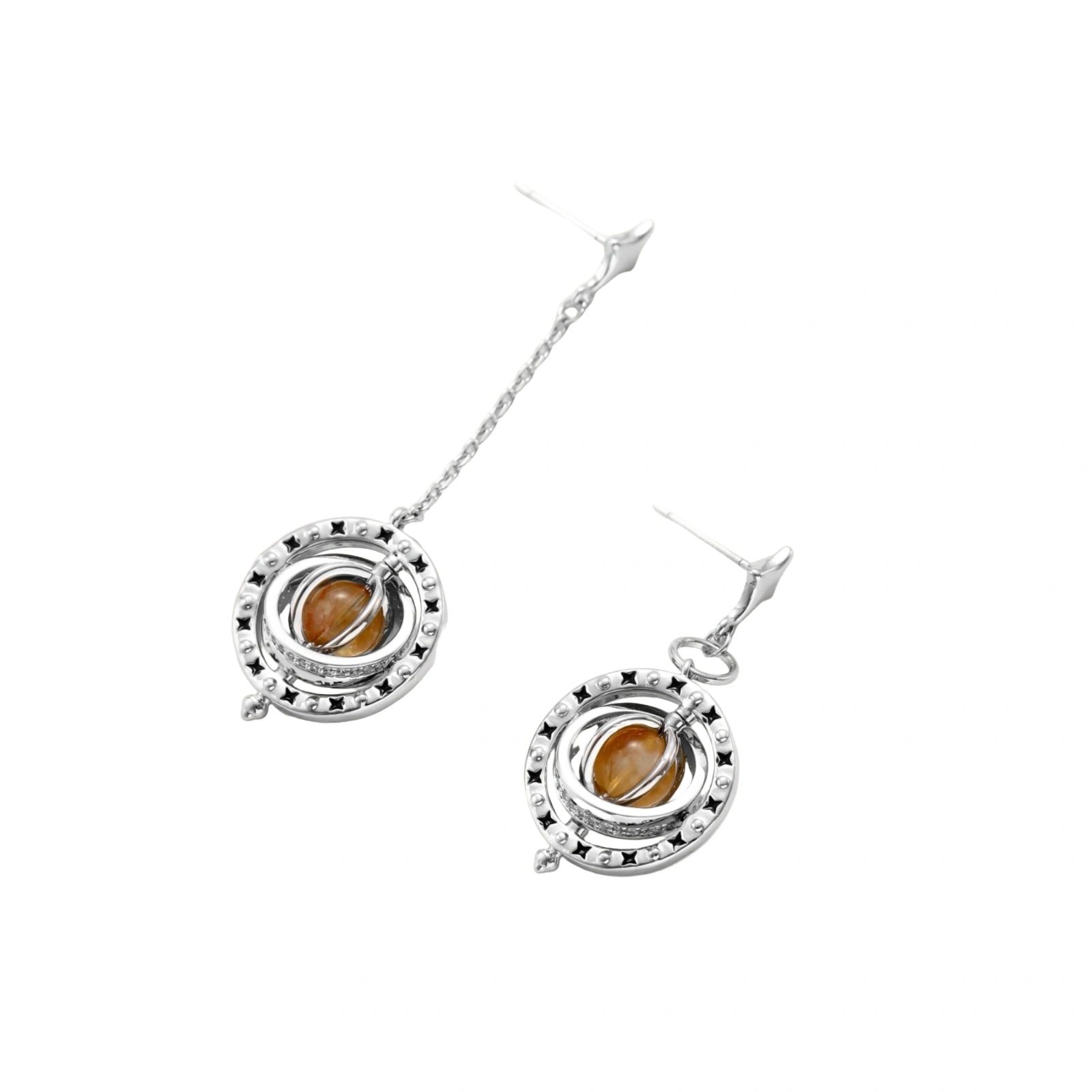 Complete jewelry set featuring citrine stone chips, silver beads, and cosmic circle pendants on cream background.
