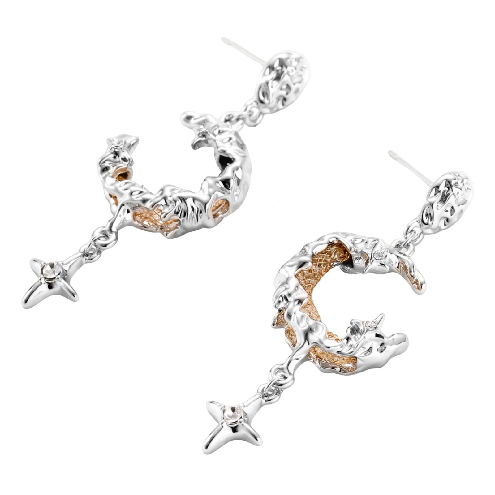Mixed-metal jewelry set featuring layered necklaces with crescent moon pendant and pearl beads, plus matching star-drop earrings.