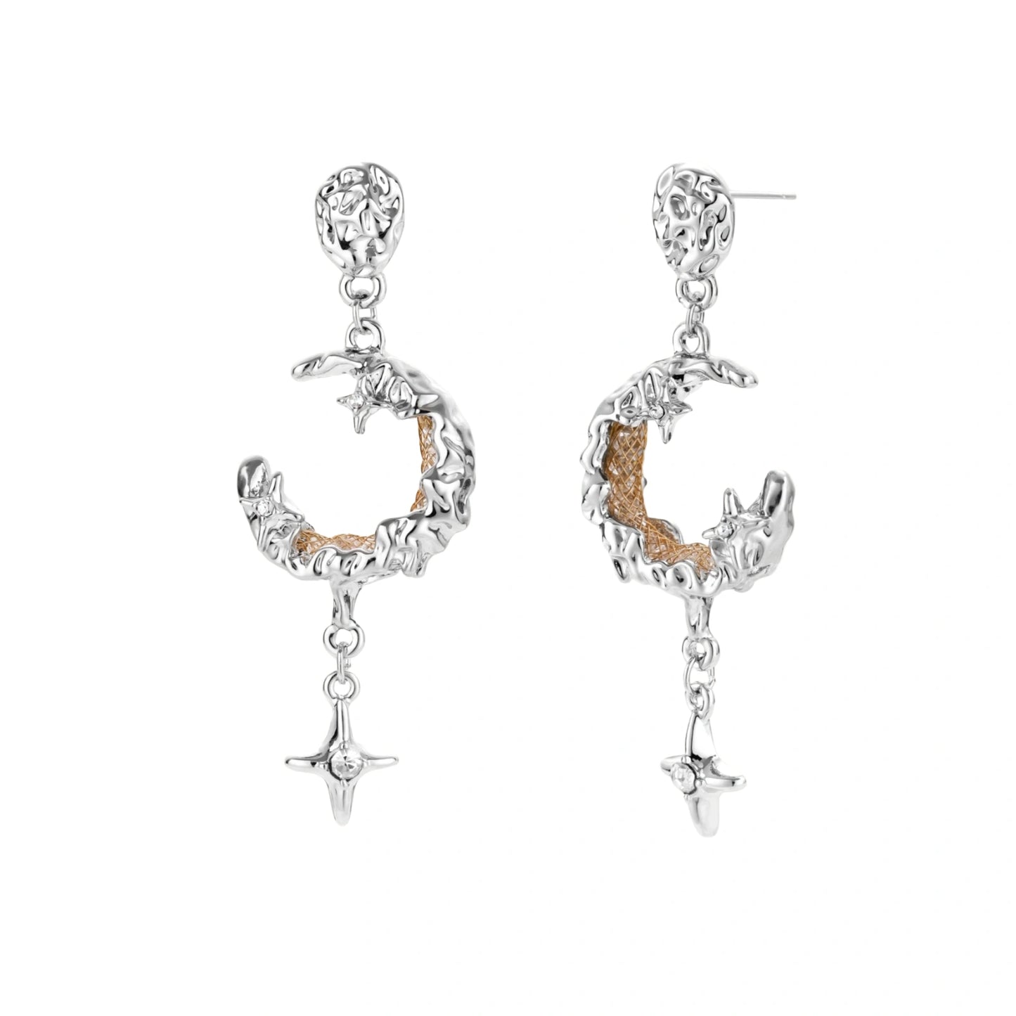 Mixed-metal jewelry set featuring layered necklaces with crescent moon pendant and pearl beads, plus matching star-drop earrings.