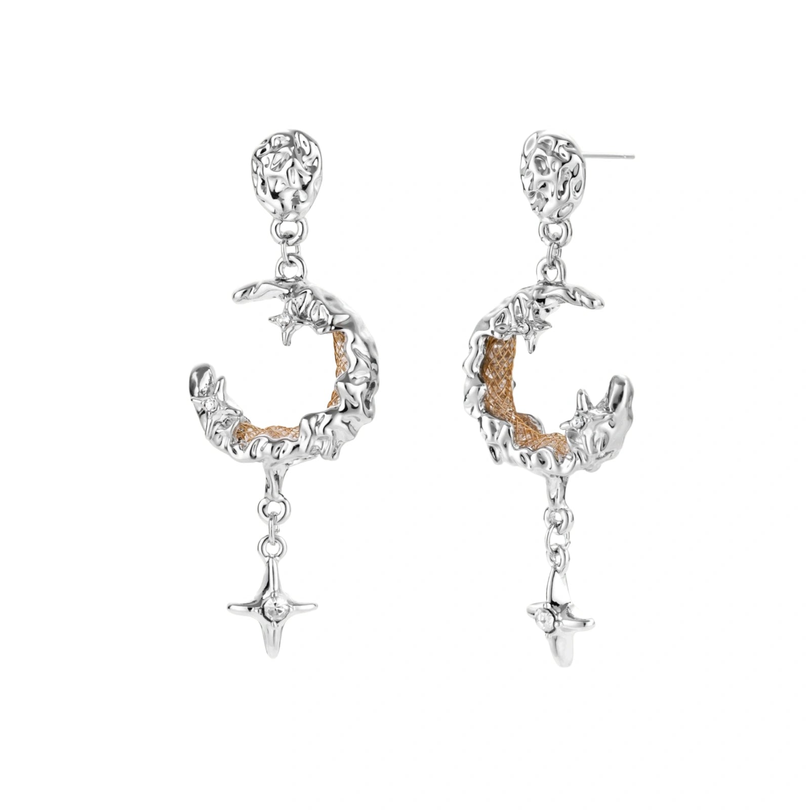 Mixed-metal jewelry set featuring layered necklaces with crescent moon pendant and pearl beads, plus matching star-drop earrings.