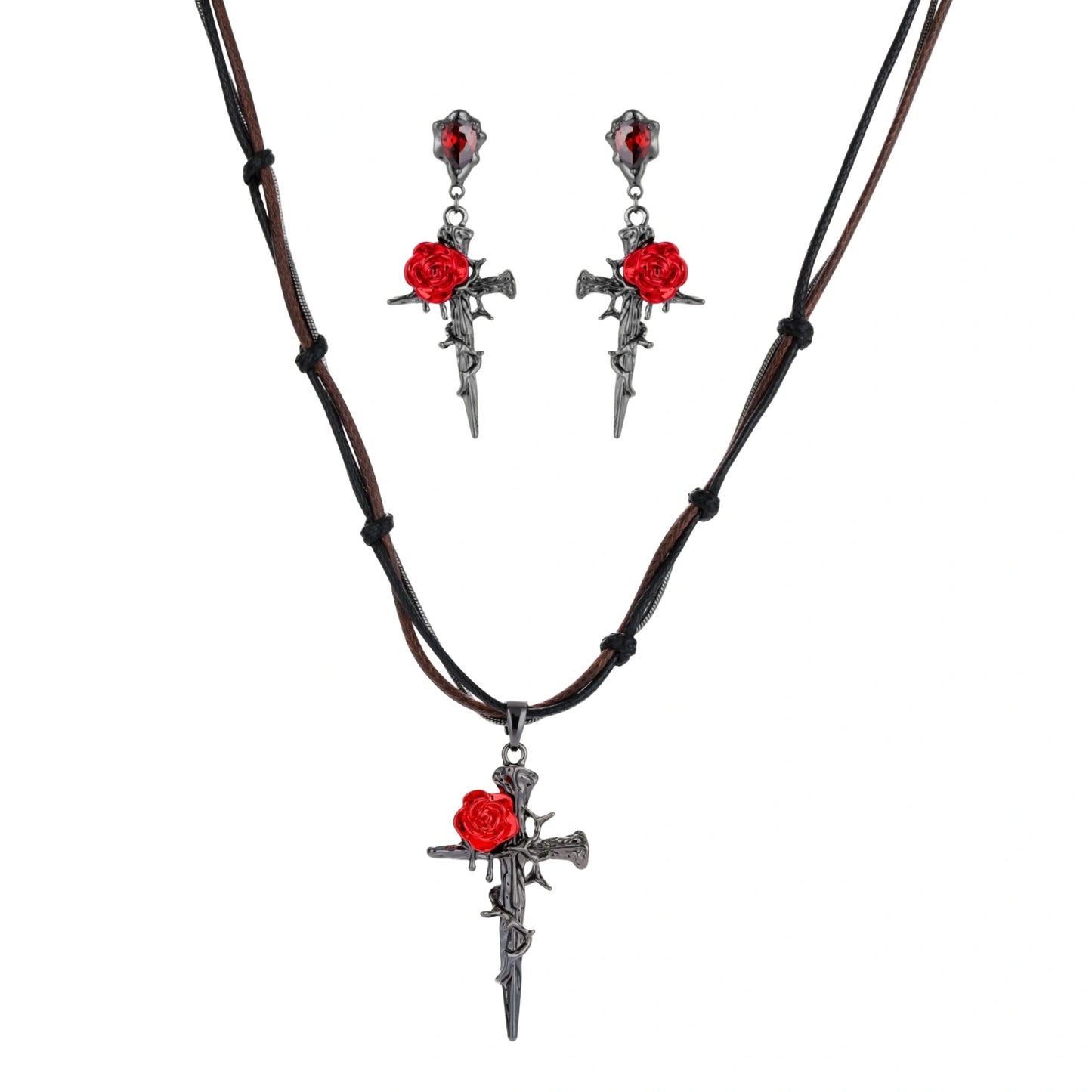 Gothic jewelry set with dark metal thorny cross pendants featuring red enamel roses and matching red crystal earrings