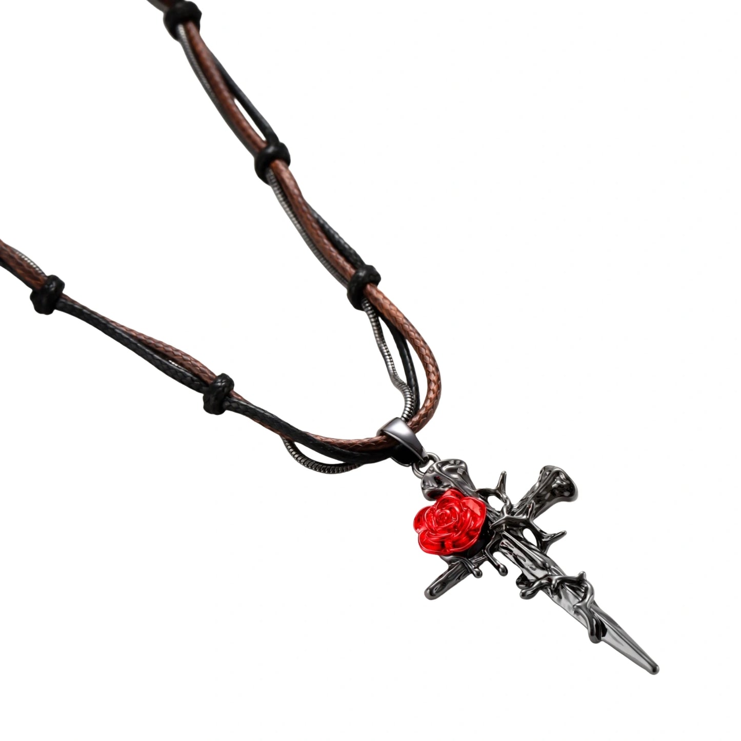 Gothic jewelry set with dark metal thorny cross pendants featuring red enamel roses and matching red crystal earrings