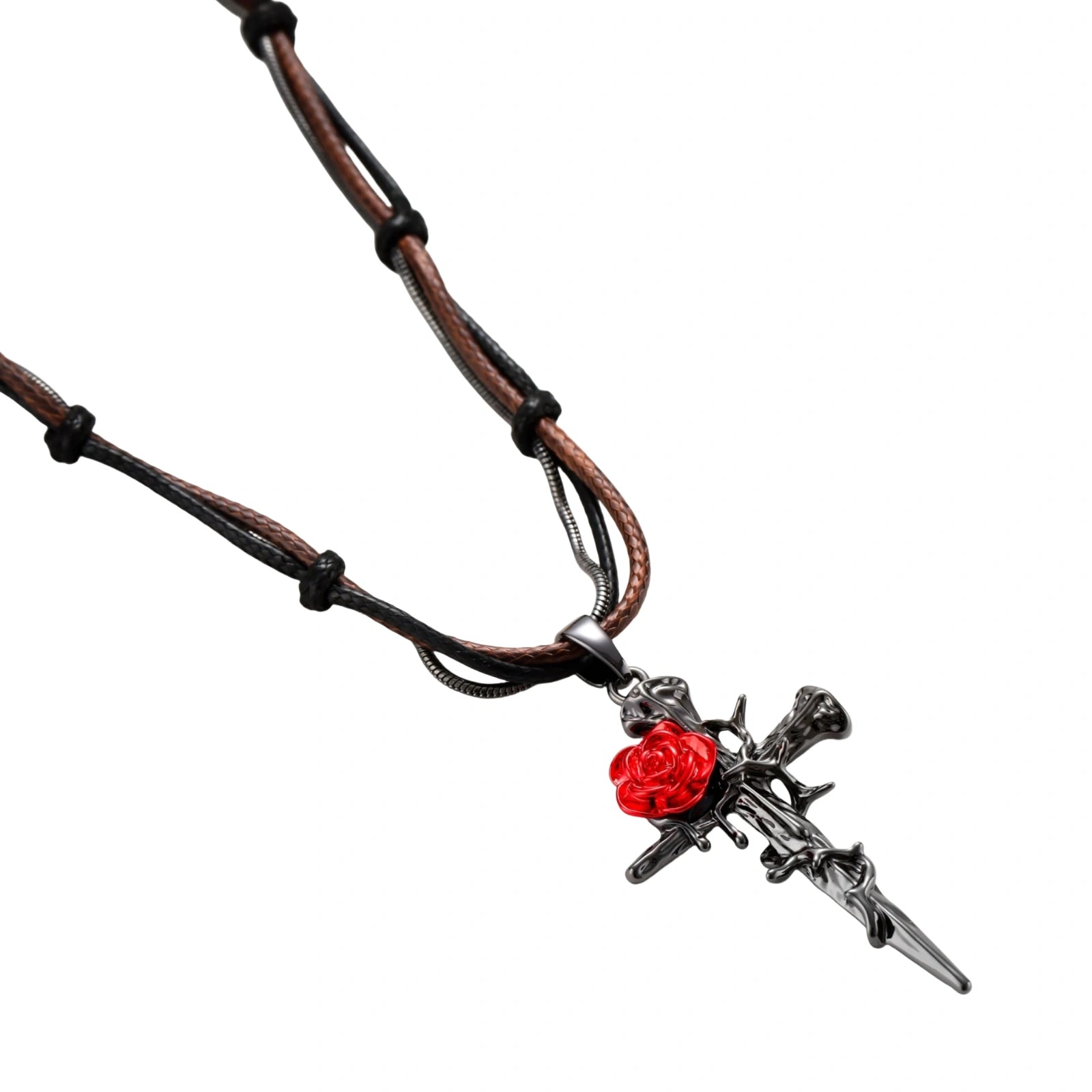 Gothic jewelry set with dark metal thorny cross pendants featuring red enamel roses and matching red crystal earrings