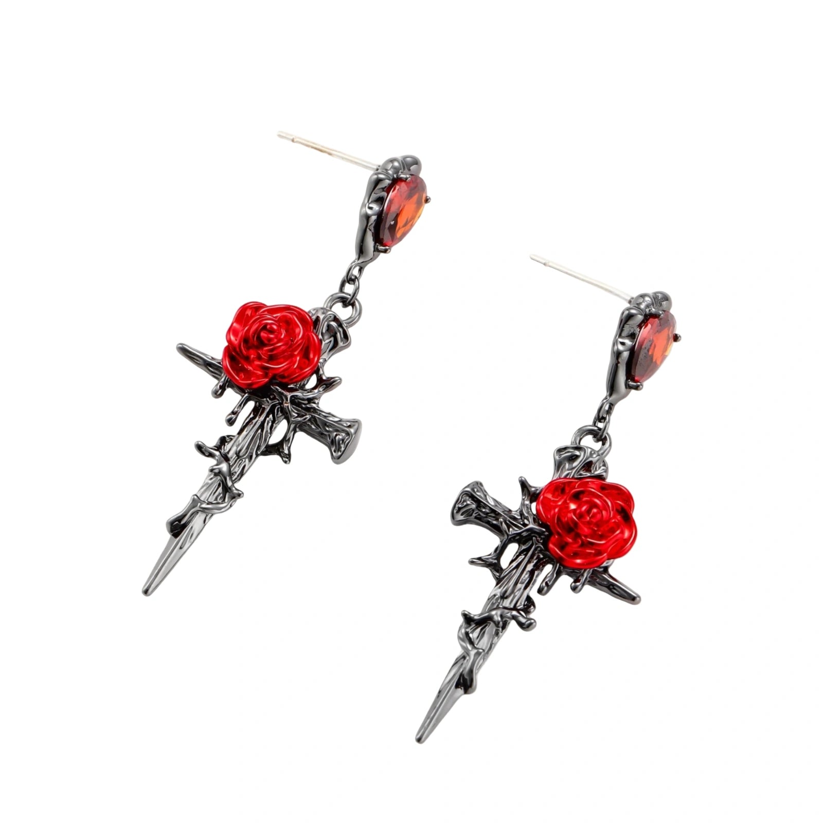 Gothic jewelry set with dark metal thorny cross pendants featuring red enamel roses and matching red crystal earrings