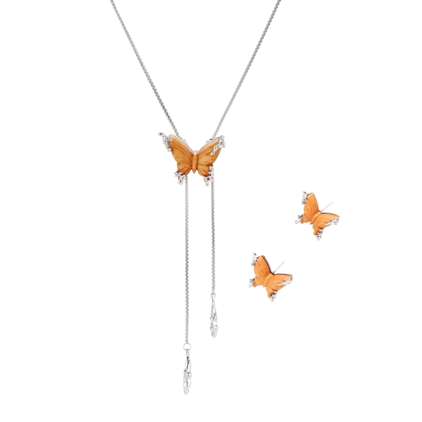 Amber wood butterfly pendant necklace with dangling chains and matching carved wood butterfly earrings on white background.