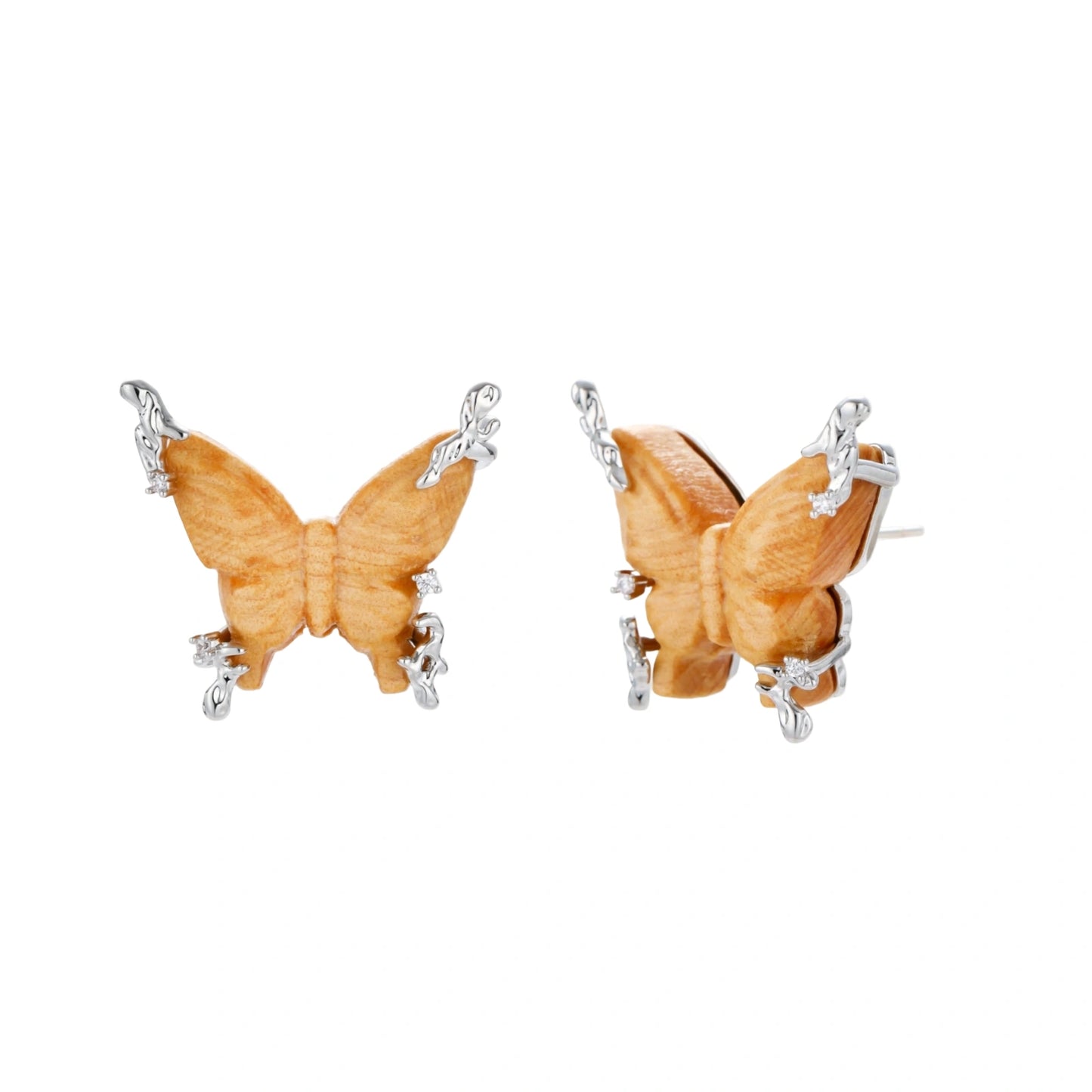 Amber wood butterfly pendant necklace with dangling chains and matching carved wood butterfly earrings on white background.
