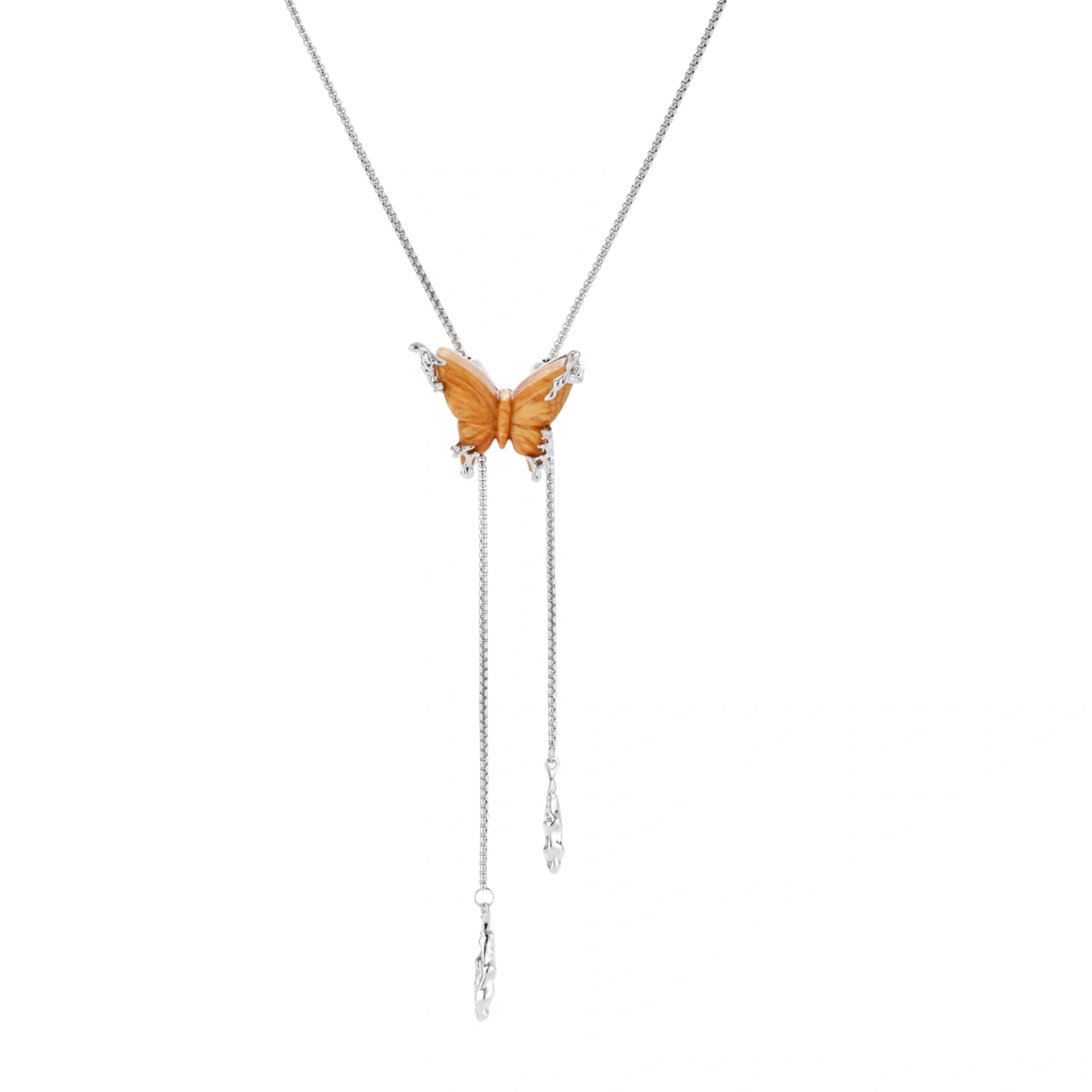 Amber wood butterfly pendant necklace with dangling chains and matching carved wood butterfly earrings on white background.