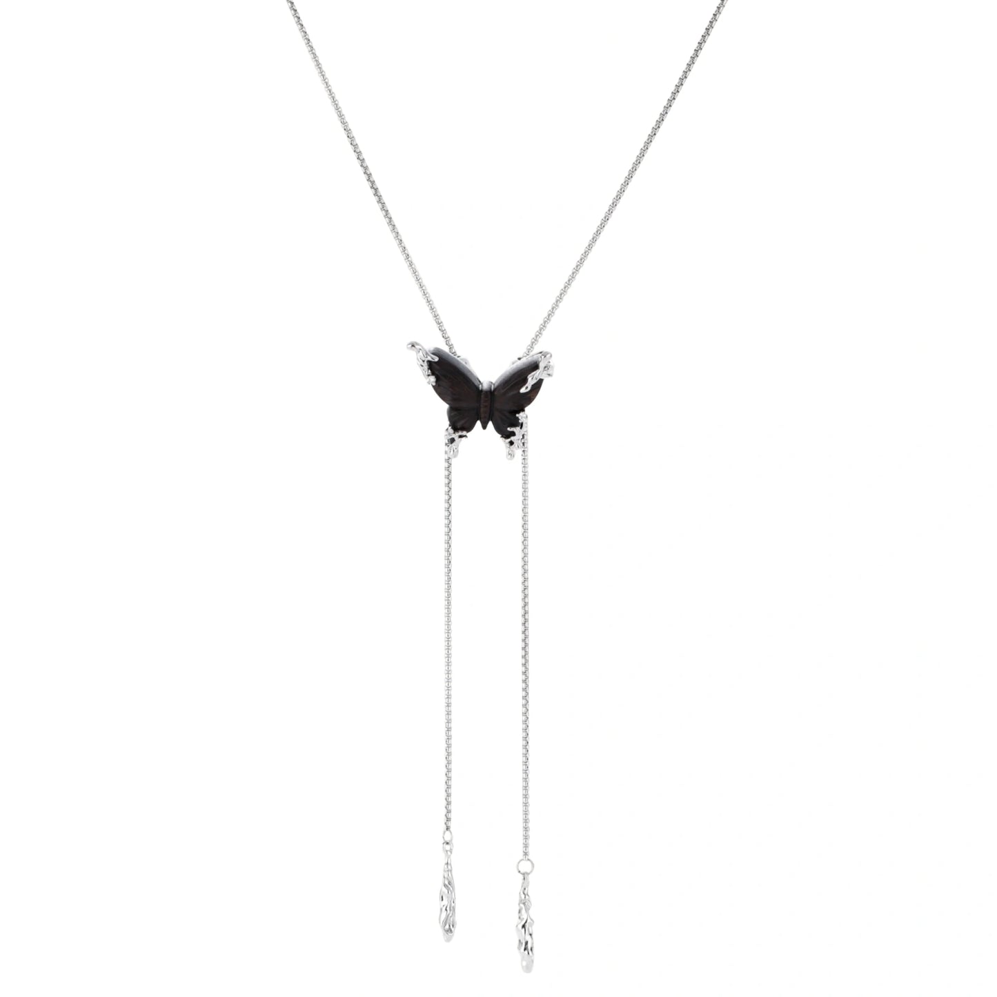 Dark wood butterfly earrings and necklace with silver chain accents on white background, showing natural grain texture.