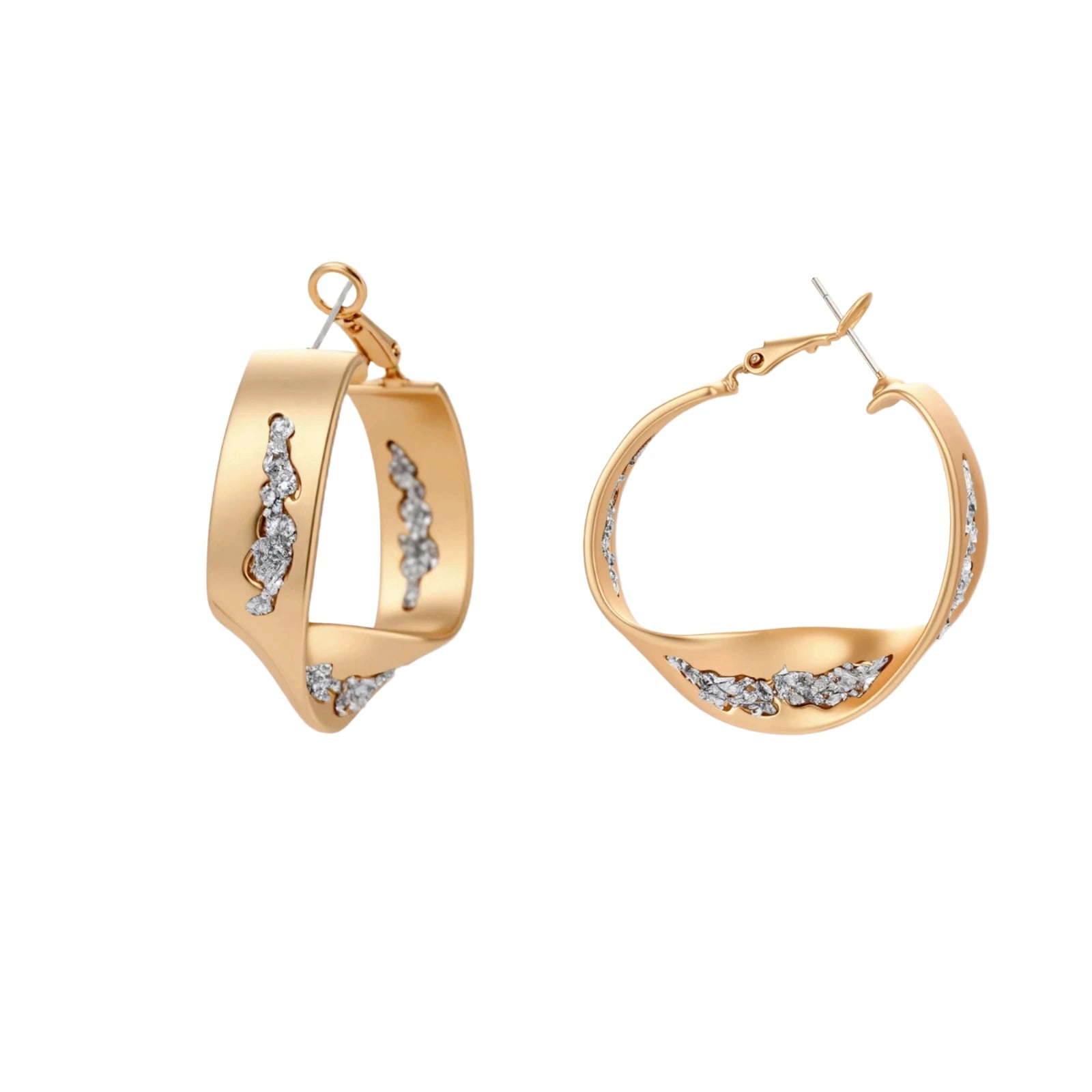 Gold circular pendant necklace with crystals on black cord paired with matching geometric hoop earrings on white background.