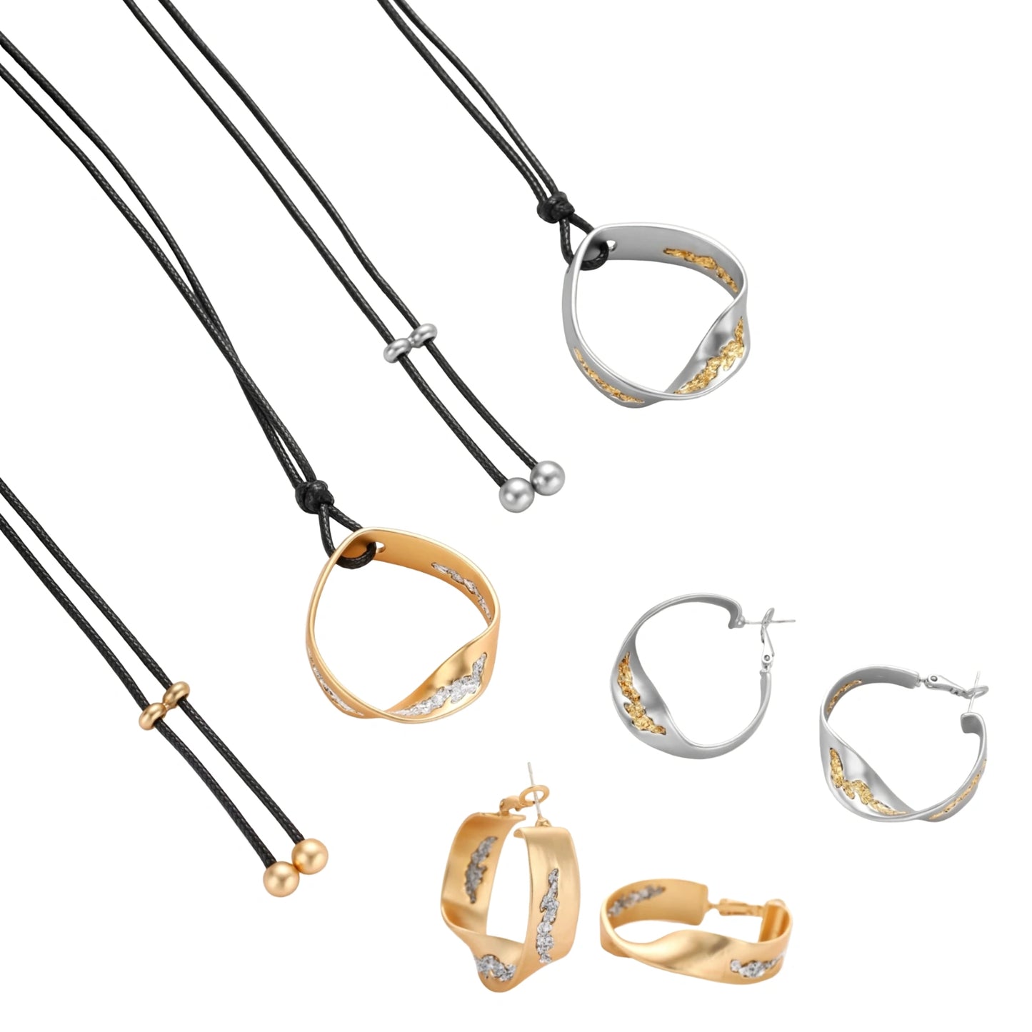 Gold circular pendant necklace with crystals on black cord paired with matching geometric hoop earrings on white background.