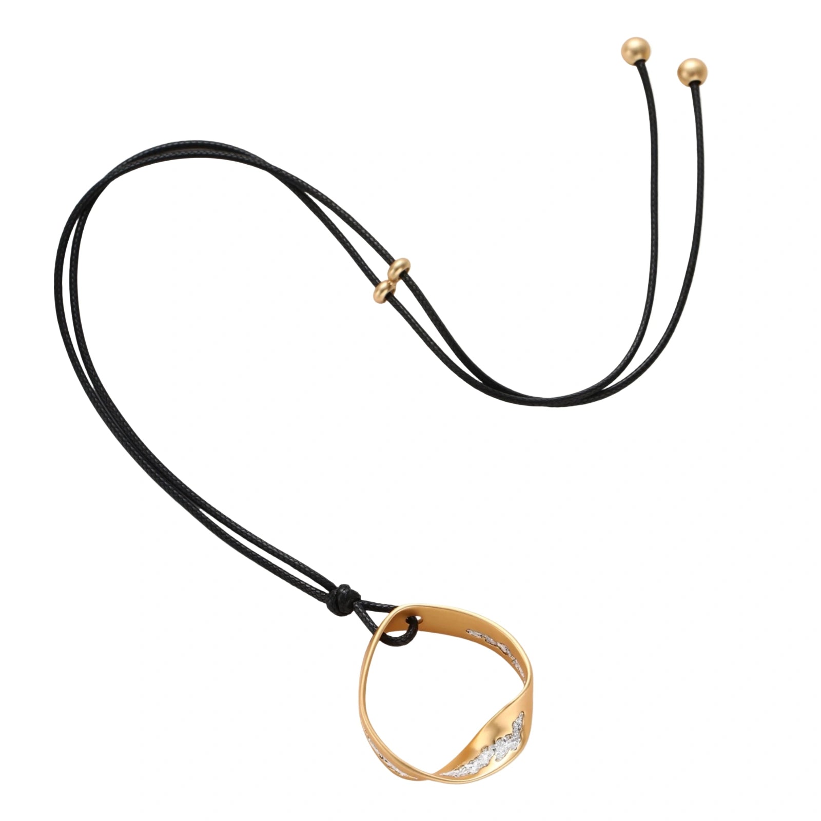 Gold circular pendant necklace with crystals on black cord paired with matching geometric hoop earrings on white background.