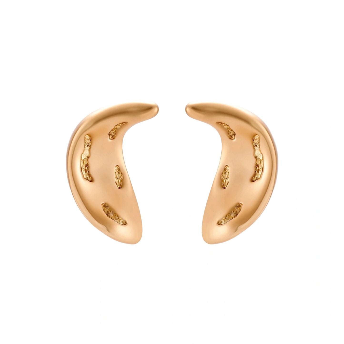 Gold-toned crescent moon pendant with textured surface on black adjustable cord, displayed with matching crescent earrings