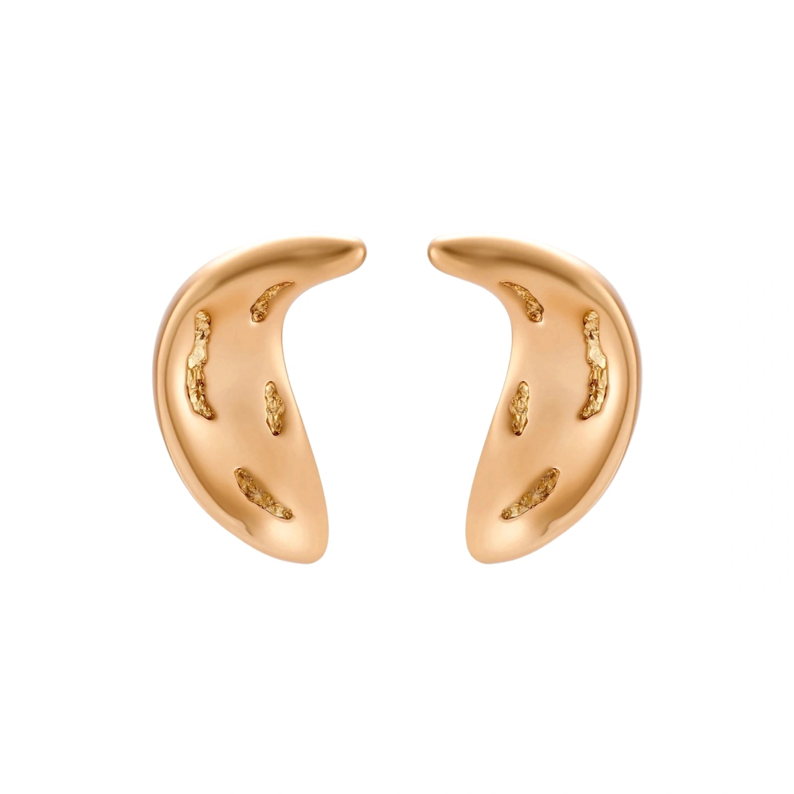 Gold-toned crescent moon pendant with textured surface on black adjustable cord, displayed with matching crescent earrings