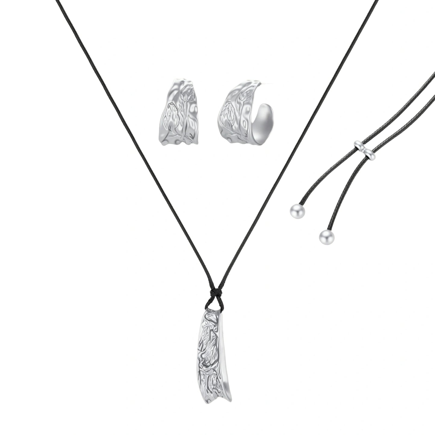 Textured silver jewelry set with floral engravings featuring adjustable cord necklace and matching hoop earrings