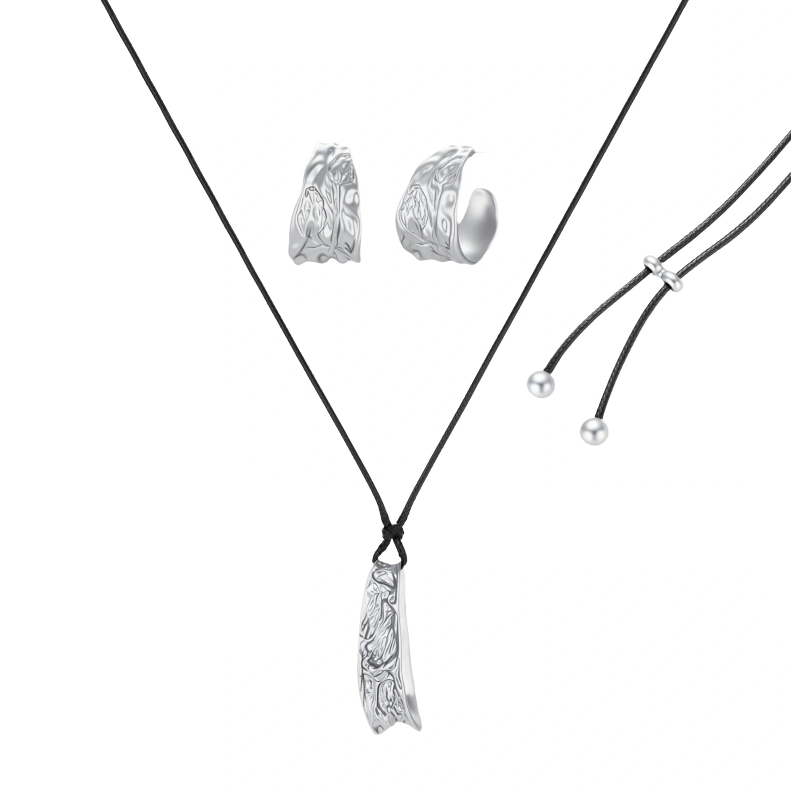 Textured silver jewelry set with floral engravings featuring adjustable cord necklace and matching hoop earrings