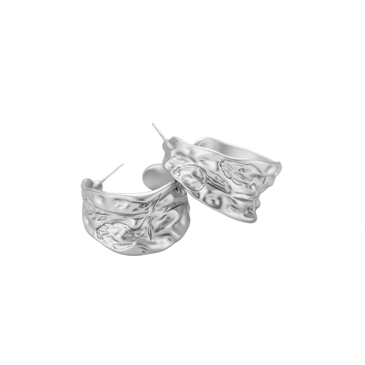 Textured silver jewelry set with floral engravings featuring adjustable cord necklace and matching hoop earrings