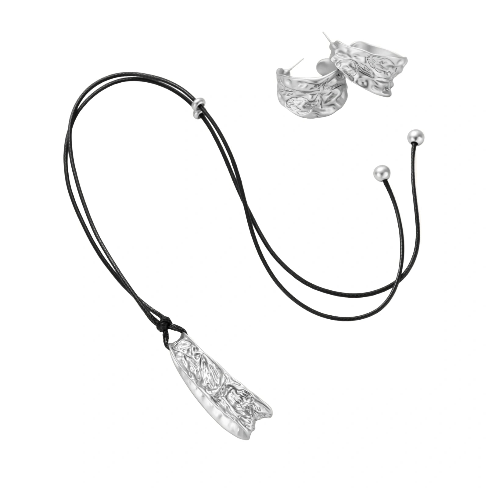 Textured silver jewelry set with floral engravings featuring adjustable cord necklace and matching hoop earrings