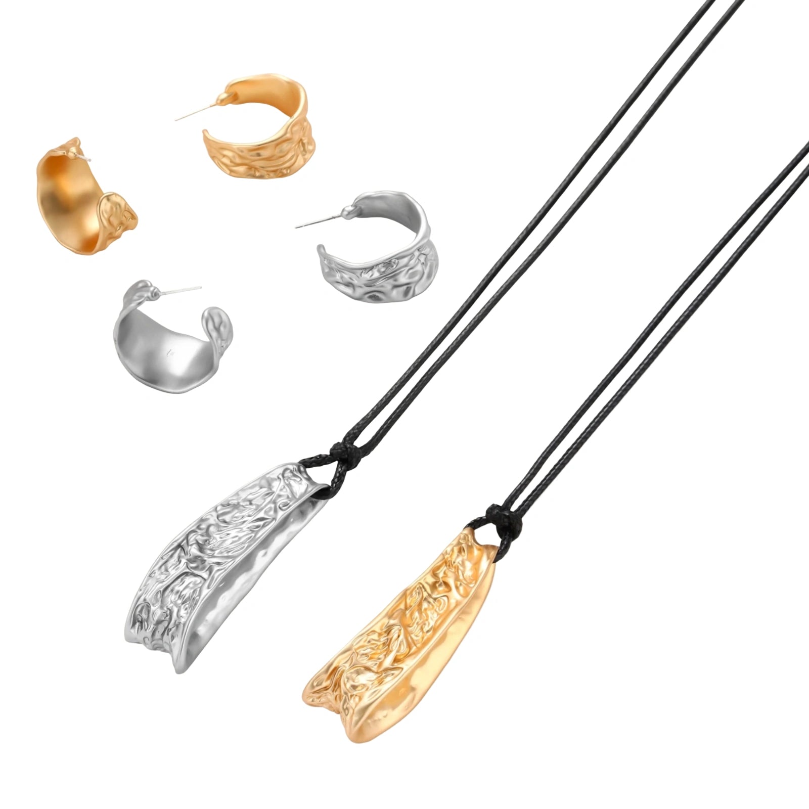 Textured silver jewelry set with floral engravings featuring adjustable cord necklace and matching hoop earrings
