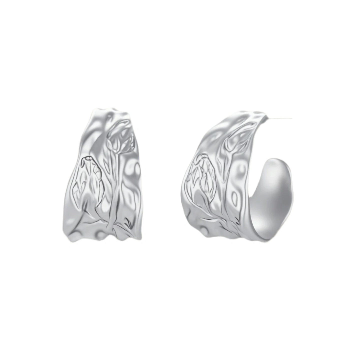 Textured silver jewelry set with floral engravings featuring adjustable cord necklace and matching hoop earrings