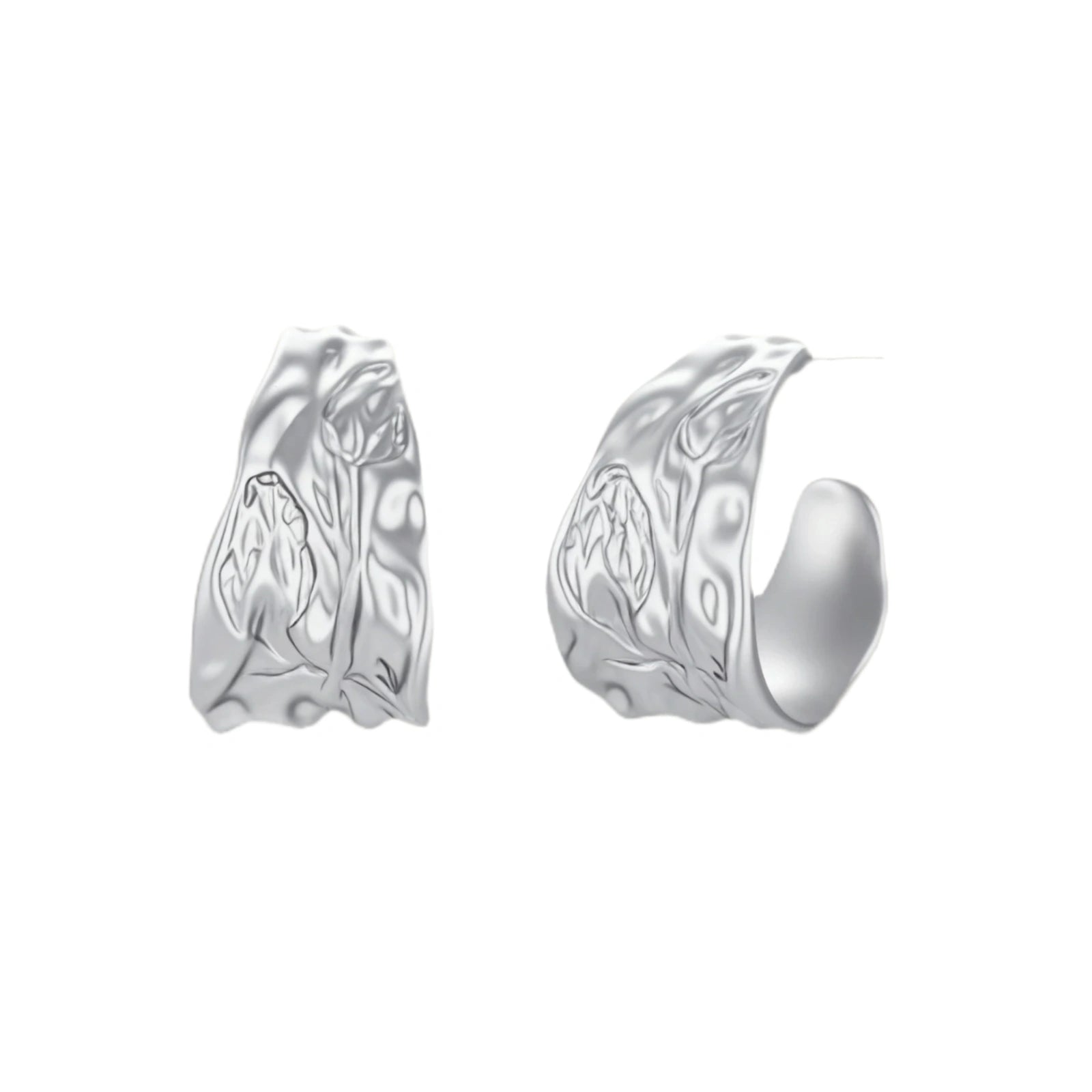 Textured silver jewelry set with floral engravings featuring adjustable cord necklace and matching hoop earrings