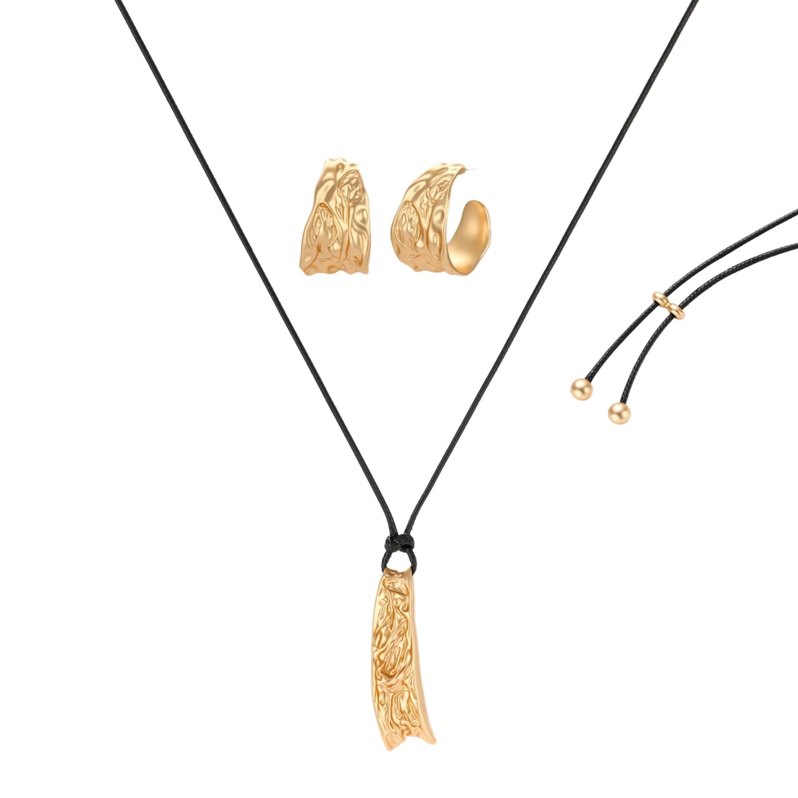 Gold-toned textured pendant necklace with matching hoop earrings featuring organic flowing patterns on white background.