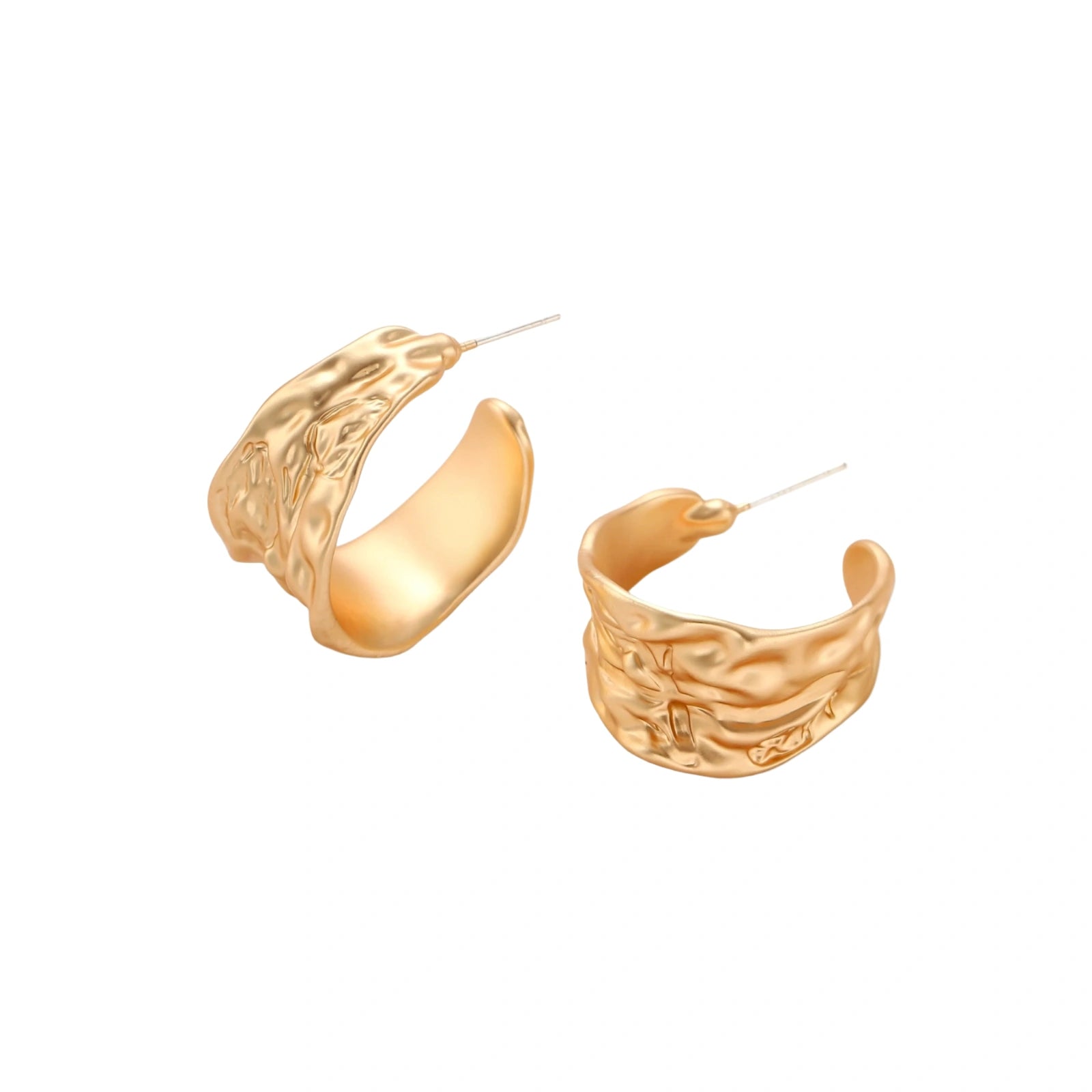 Gold-toned textured pendant necklace with matching hoop earrings featuring organic flowing patterns on white background.