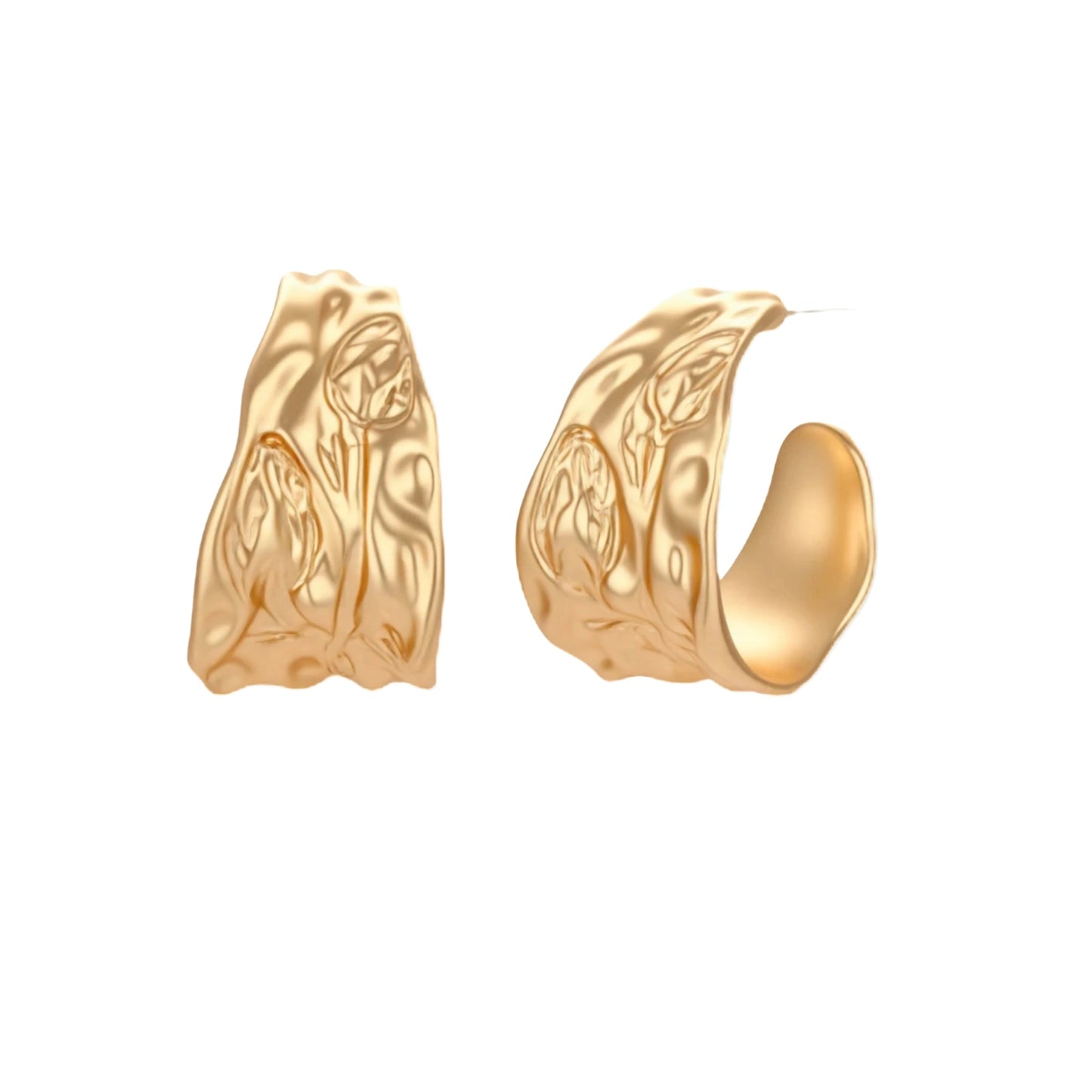 Gold-toned textured pendant necklace with matching hoop earrings featuring organic flowing patterns on white background.