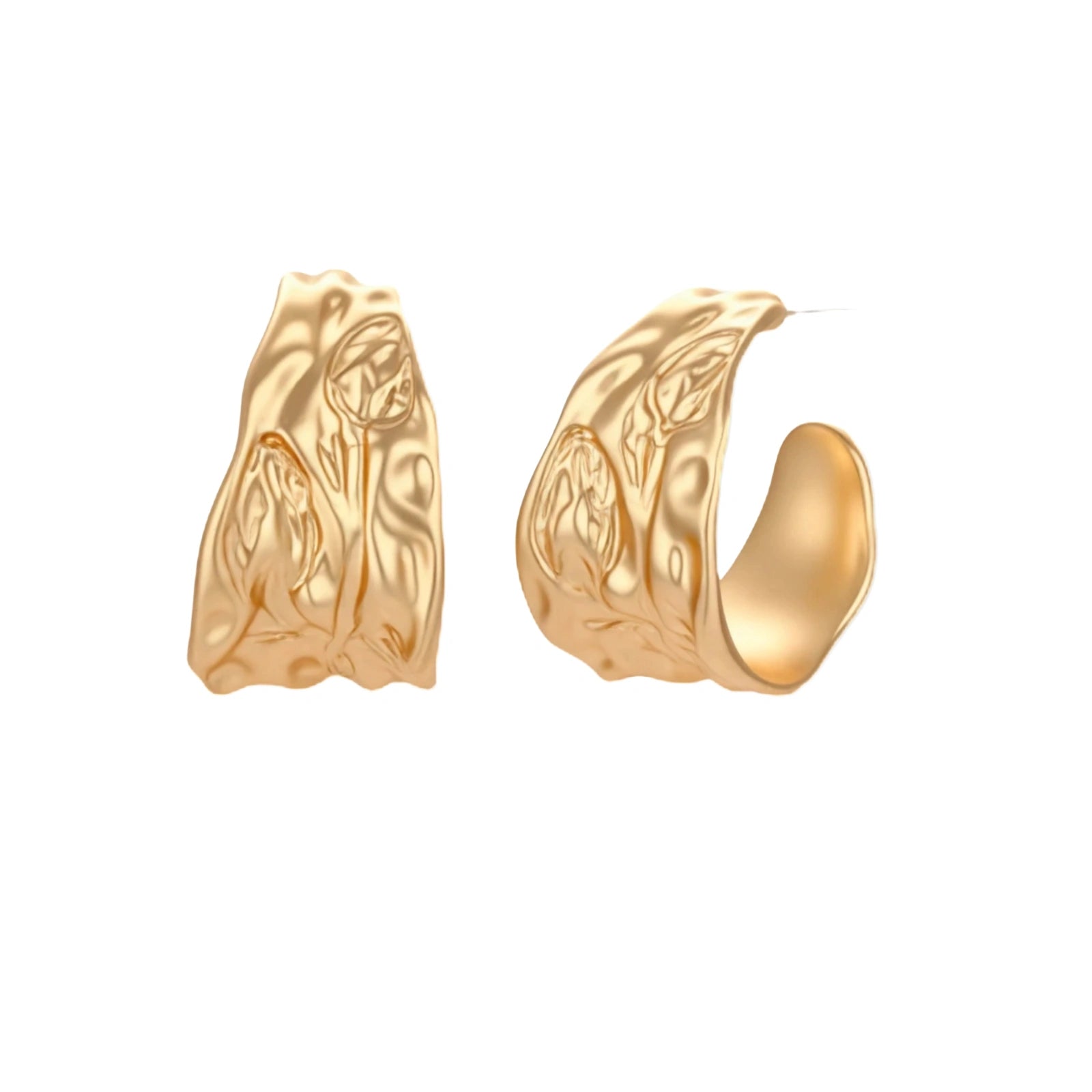 Gold-toned textured pendant necklace with matching hoop earrings featuring organic flowing patterns on white background.