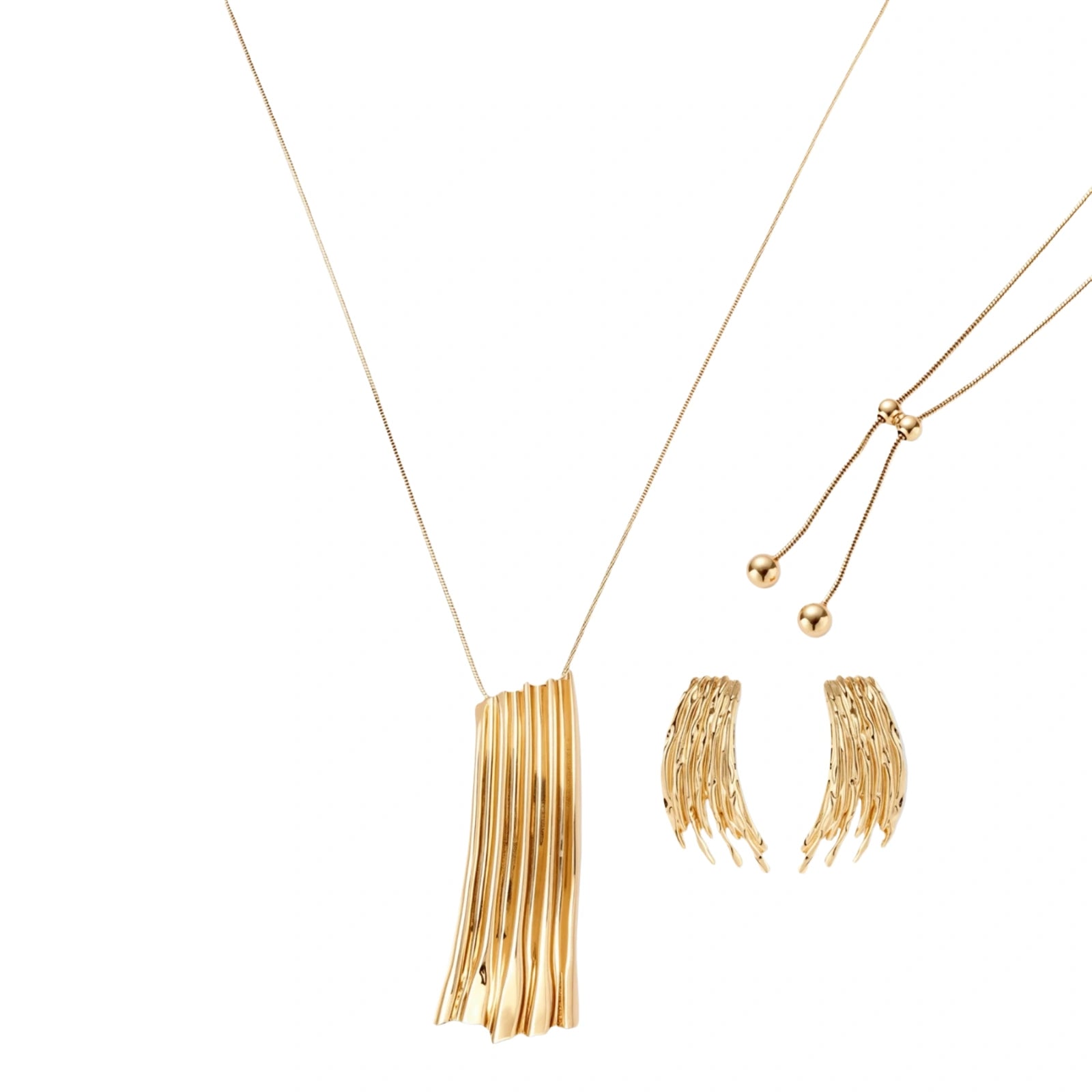 Gold-toned cascade jewelry set with flowing textured strands, featuring drop earrings and matching pendant necklace