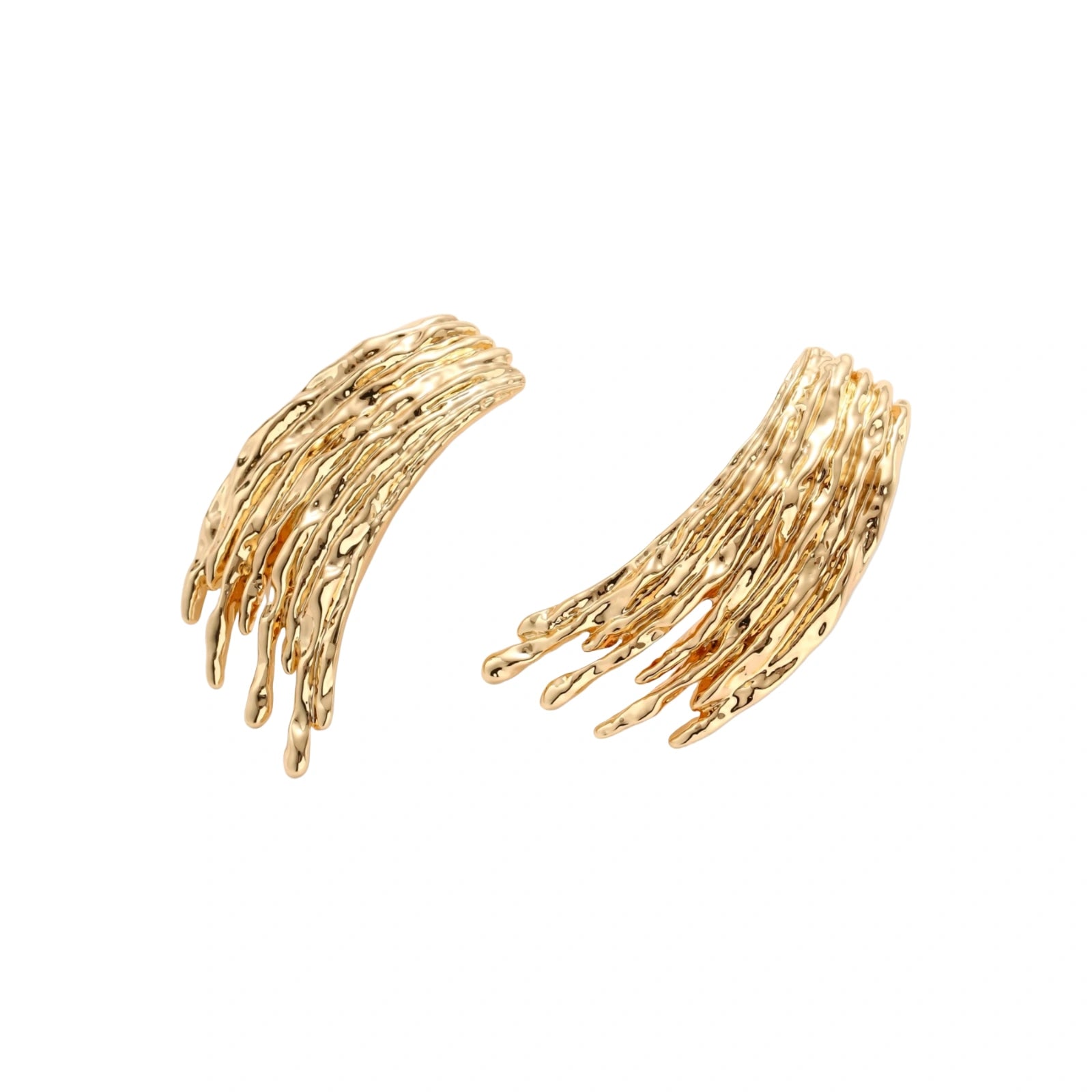 Gold-toned cascade jewelry set with flowing textured strands, featuring drop earrings and matching pendant necklace