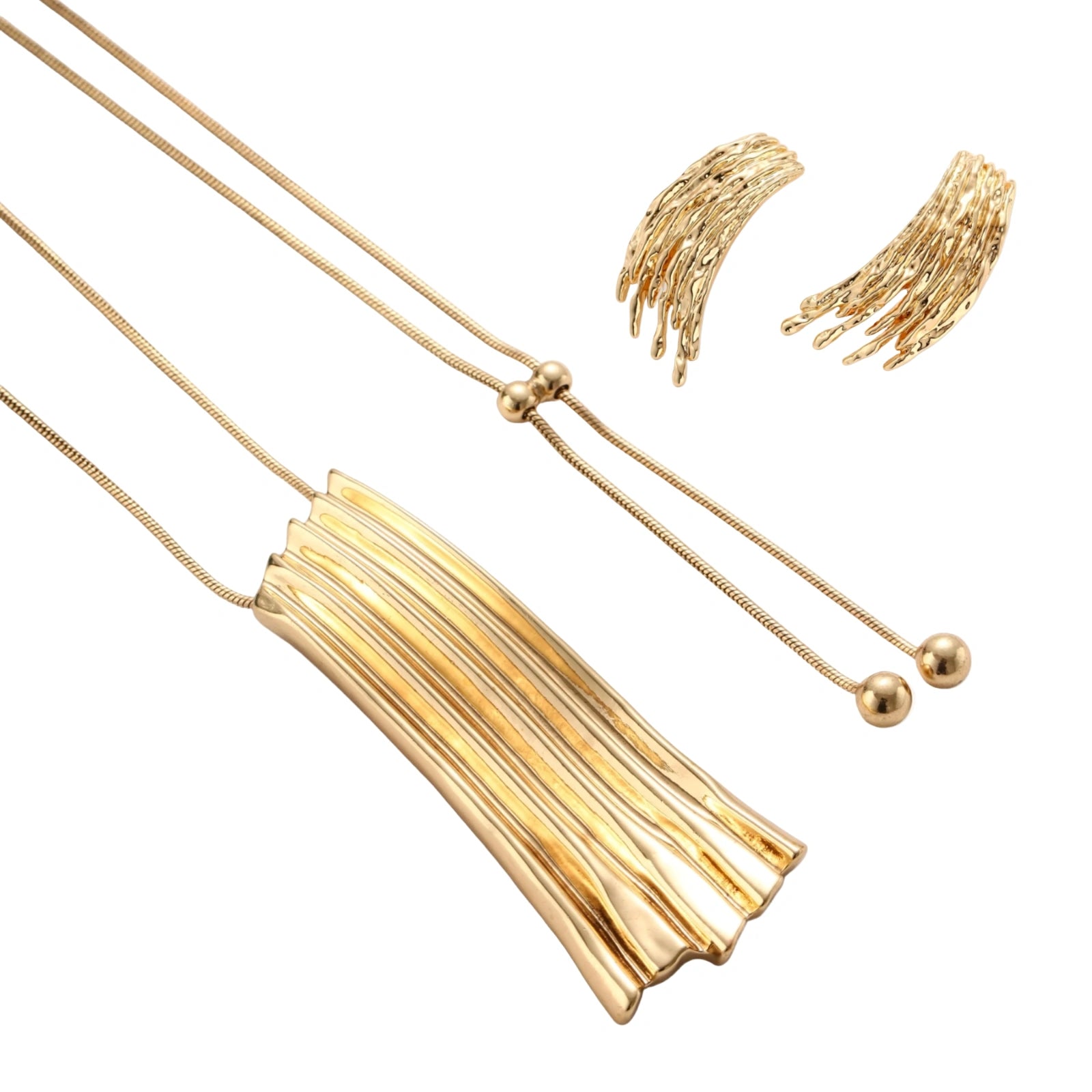 Gold-toned cascade jewelry set with flowing textured strands, featuring drop earrings and matching pendant necklace